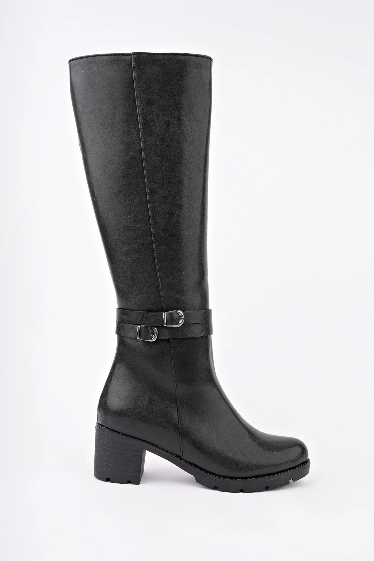 BLN-746 Çift Kemerli Kalın Topuk Çizme - SİYAH