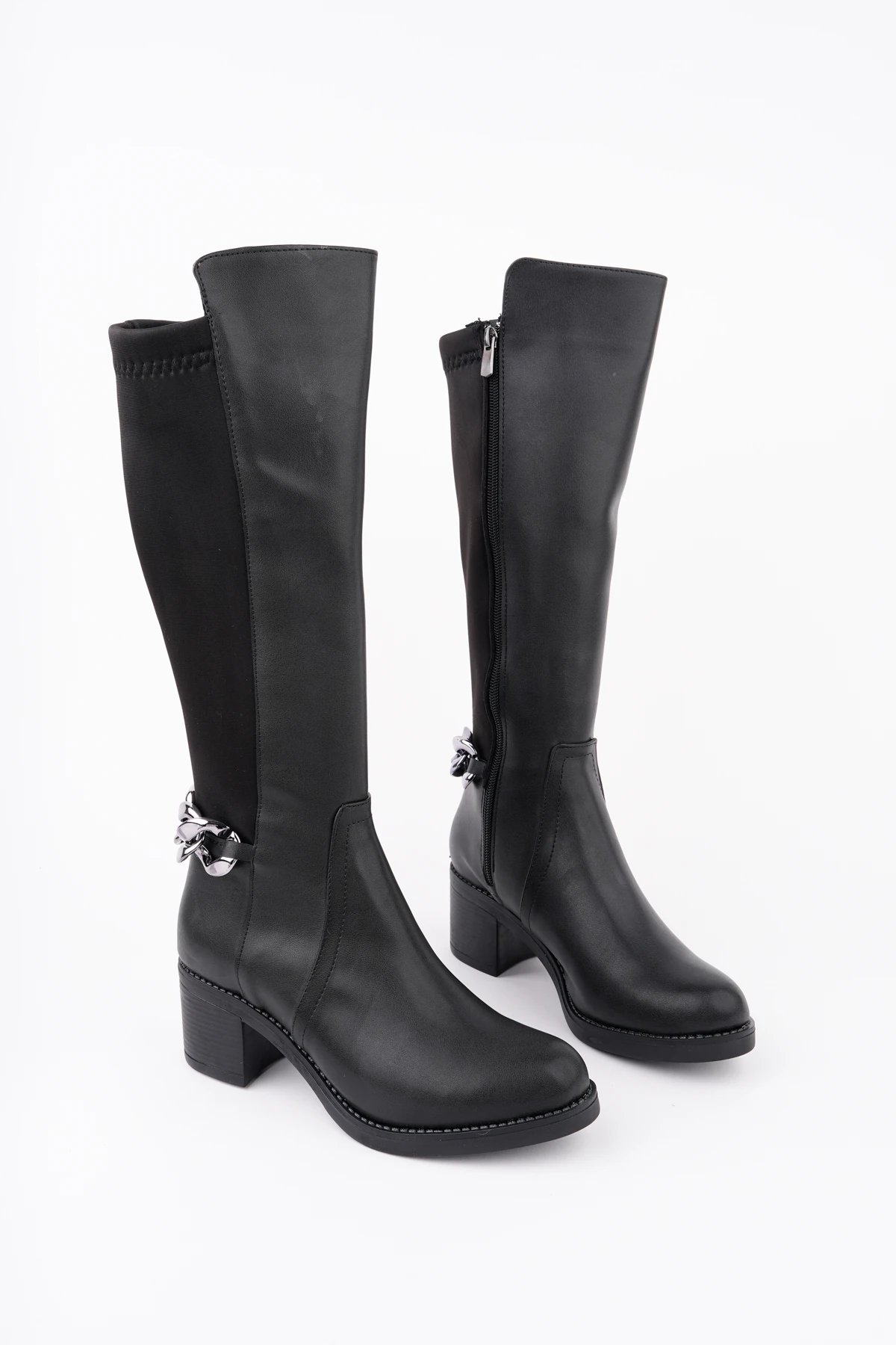 BLN-710 Tokalı Streç Kalın Topuk Çizme - SİYAH