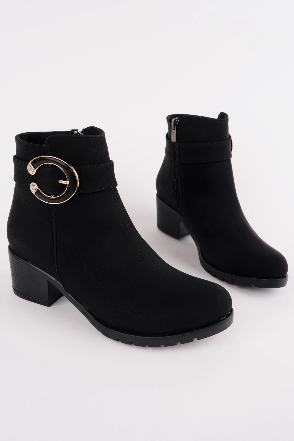 BLN-231 Kalın Topuk Kemer Detaylı Bot - SİYAH MAT DERİ