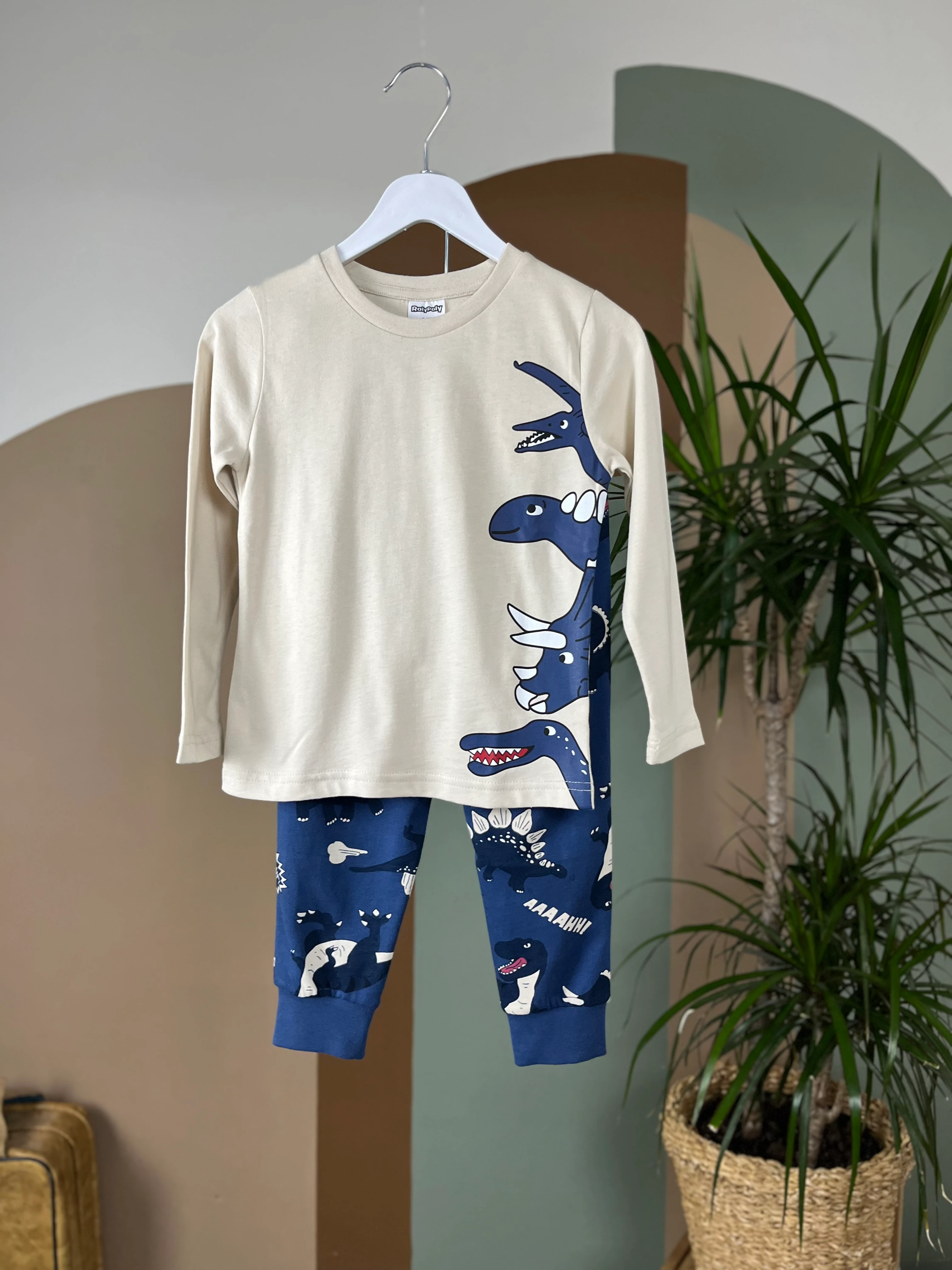 ROLYPOLY bej dinazor baskı pijama