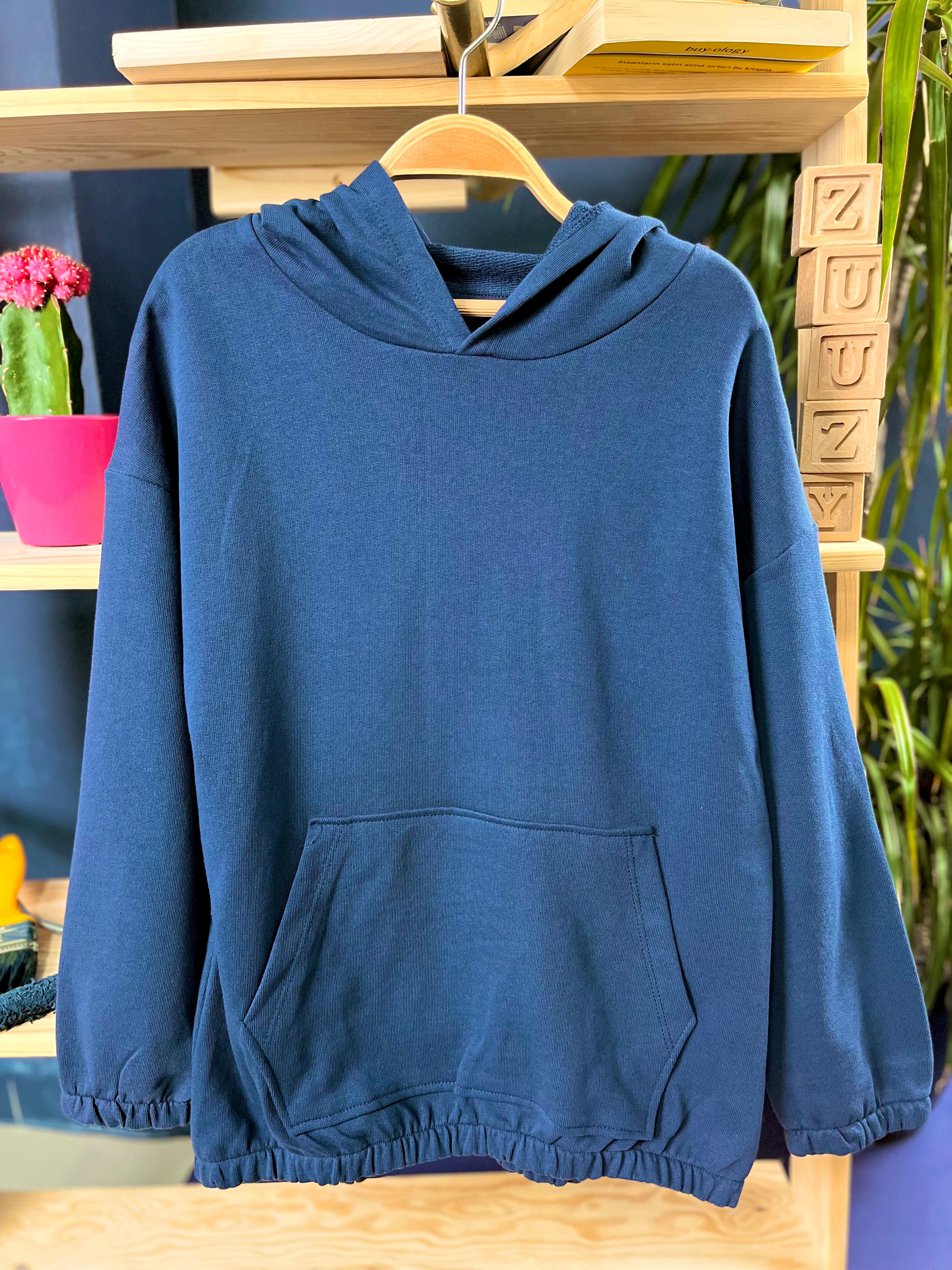  Kapüşonlu Düz Lacivert Çocuk Sweatshirt