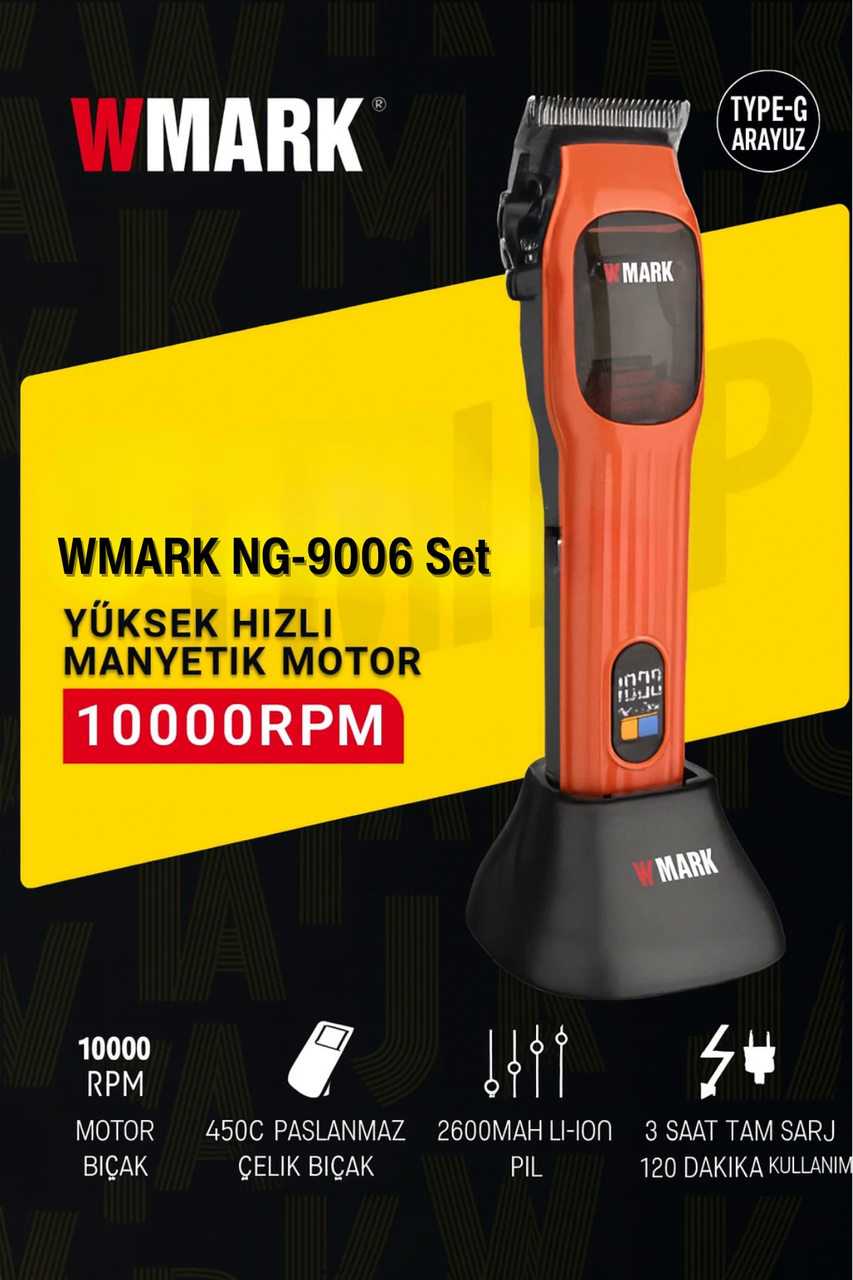 WMARK NG-9006 Şarjlı Saç Kesme Makinesi Turuncu | Akıllı Güç Yönetimi, LED Gösterge