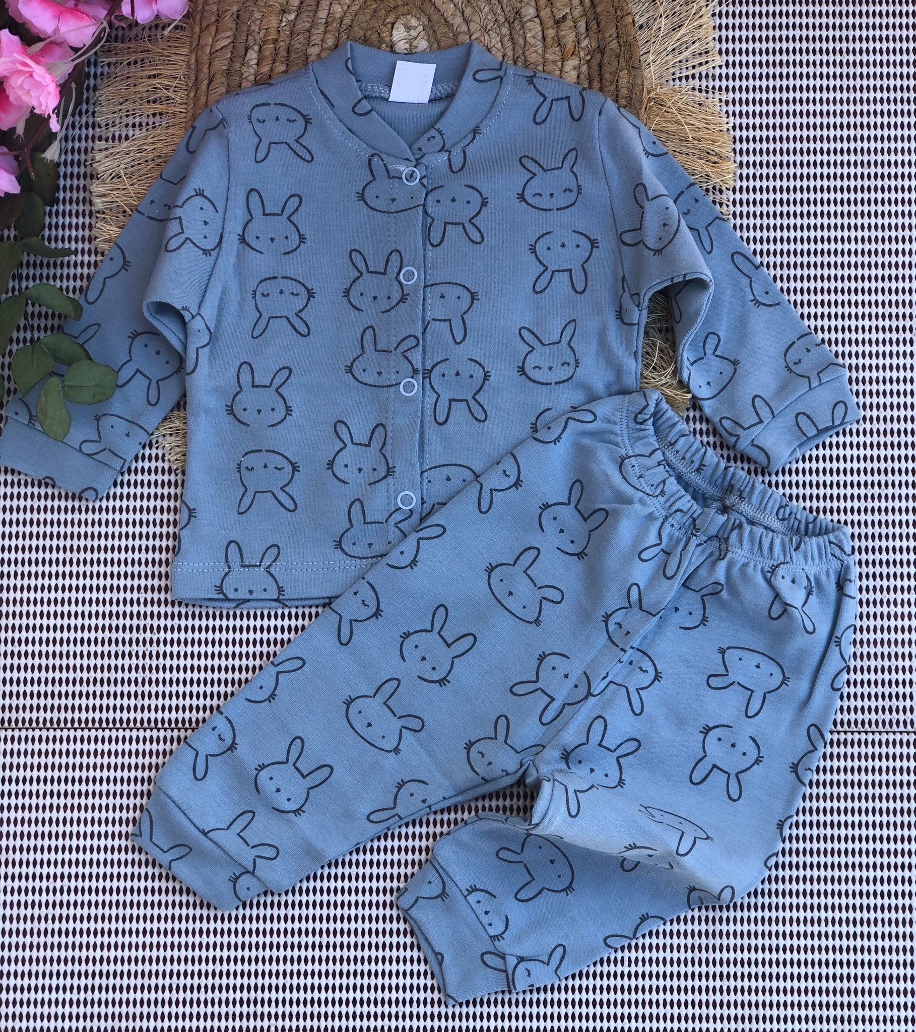 MiniPetty Tavşan Kafa Baskılı Düğmeli Pijama Takımı - MAVİ