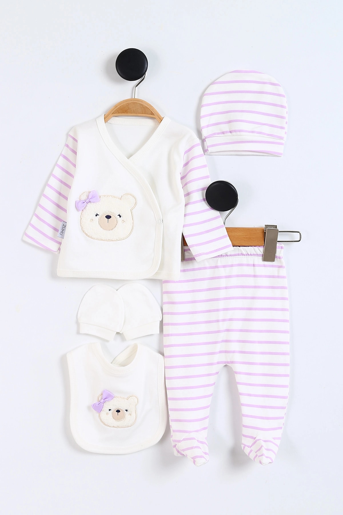 Juuta Süzene Fiyonklu Ayıcık Kafası Nakışlı Yenidoğan Kız Bebek Zıbın Seti  - Mor