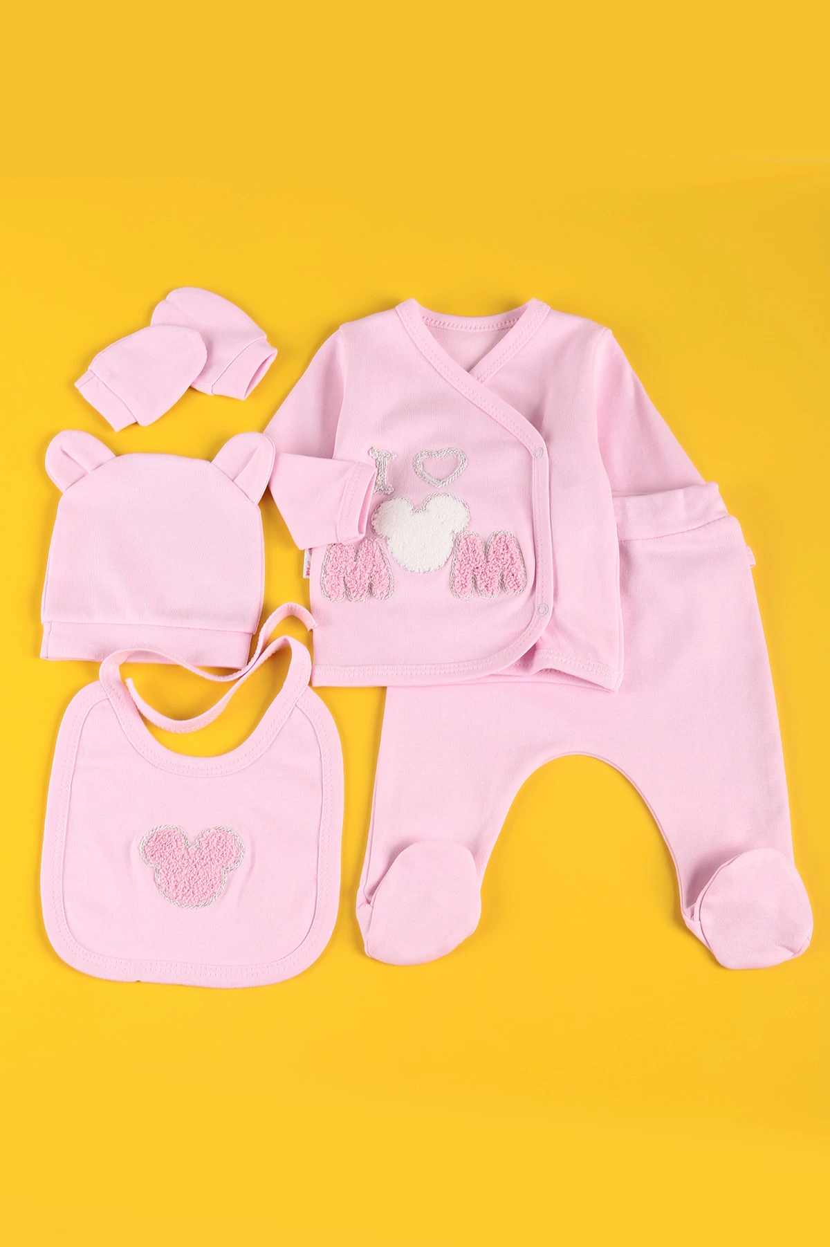 Beyaz Bebek Nakışlı Kız Bebe Takım - Pembe