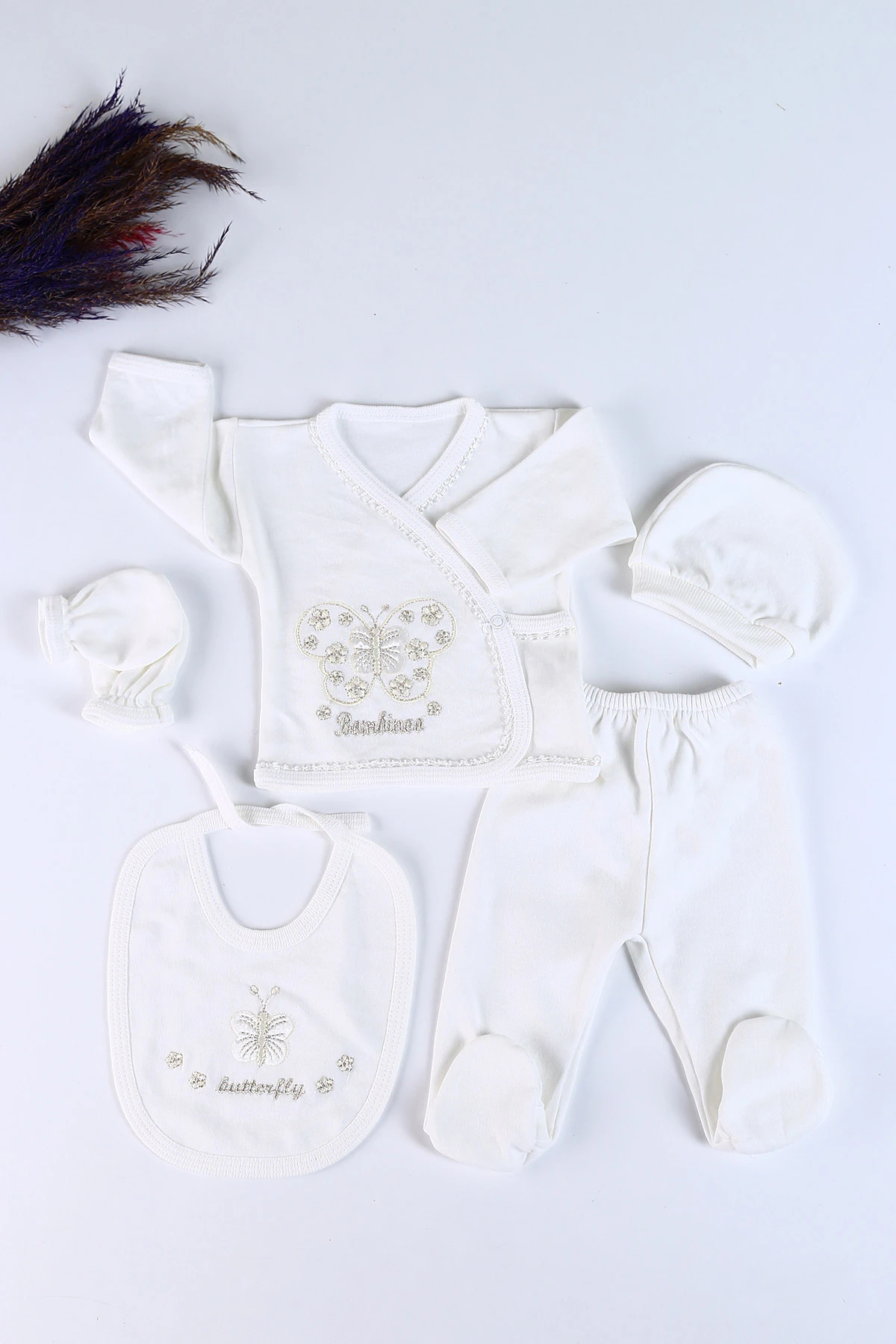 Juuta Kelebek Nakışlı 5'li Kız Bebe Zıbın Seti