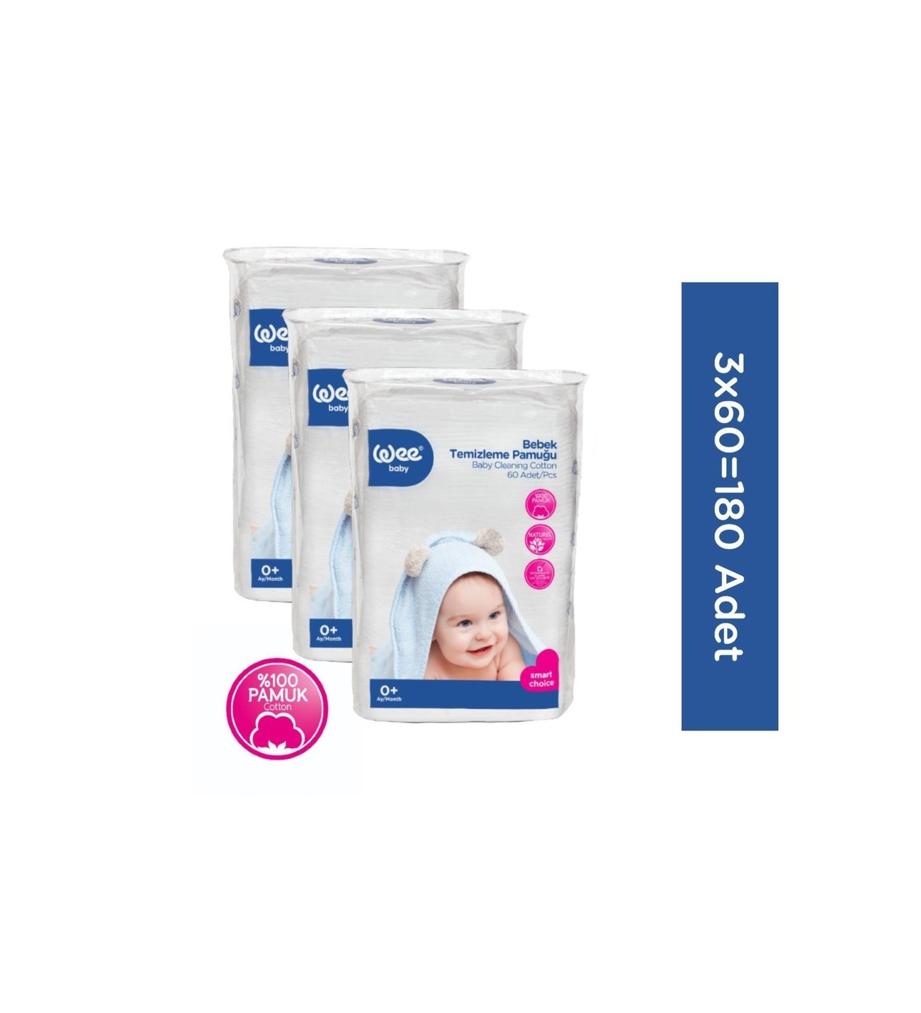 Wee Baby Bebek Temizleme Pamuğu Seti (60x3 180 Adet)