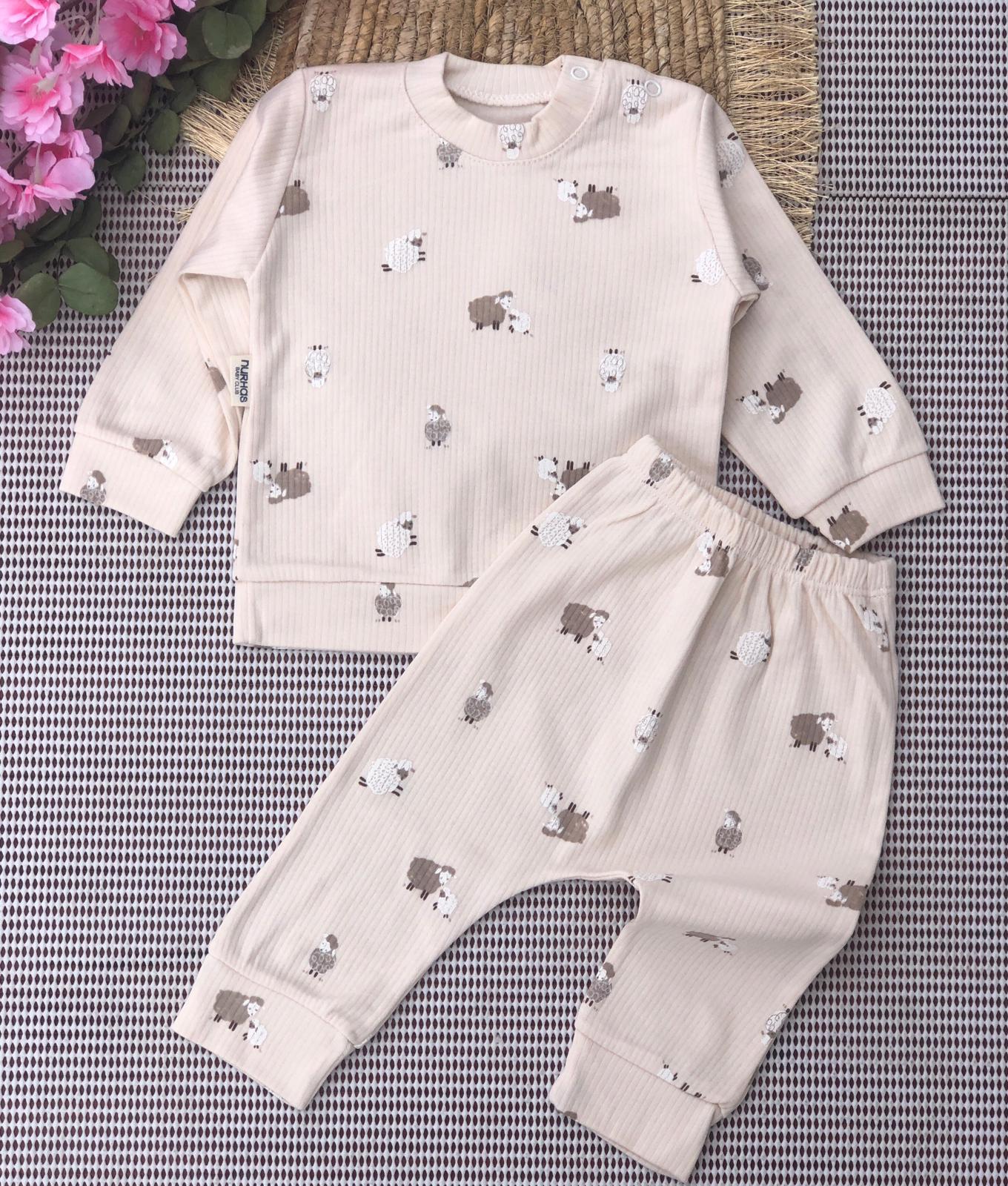 Sevimli Kuzu Desenli Bebek Pijama Takımı - Bej