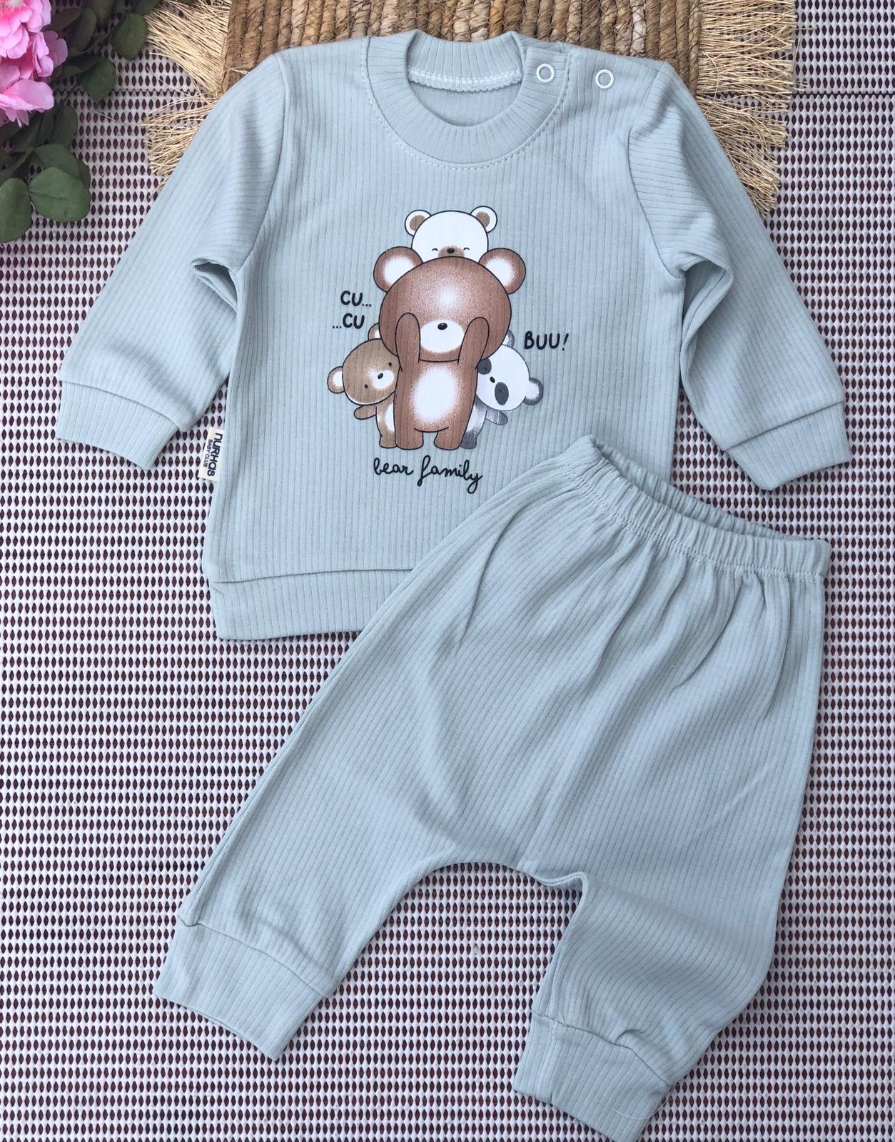 Sevimli Bear Family Baskılı Bebek Takımı - Yeşil