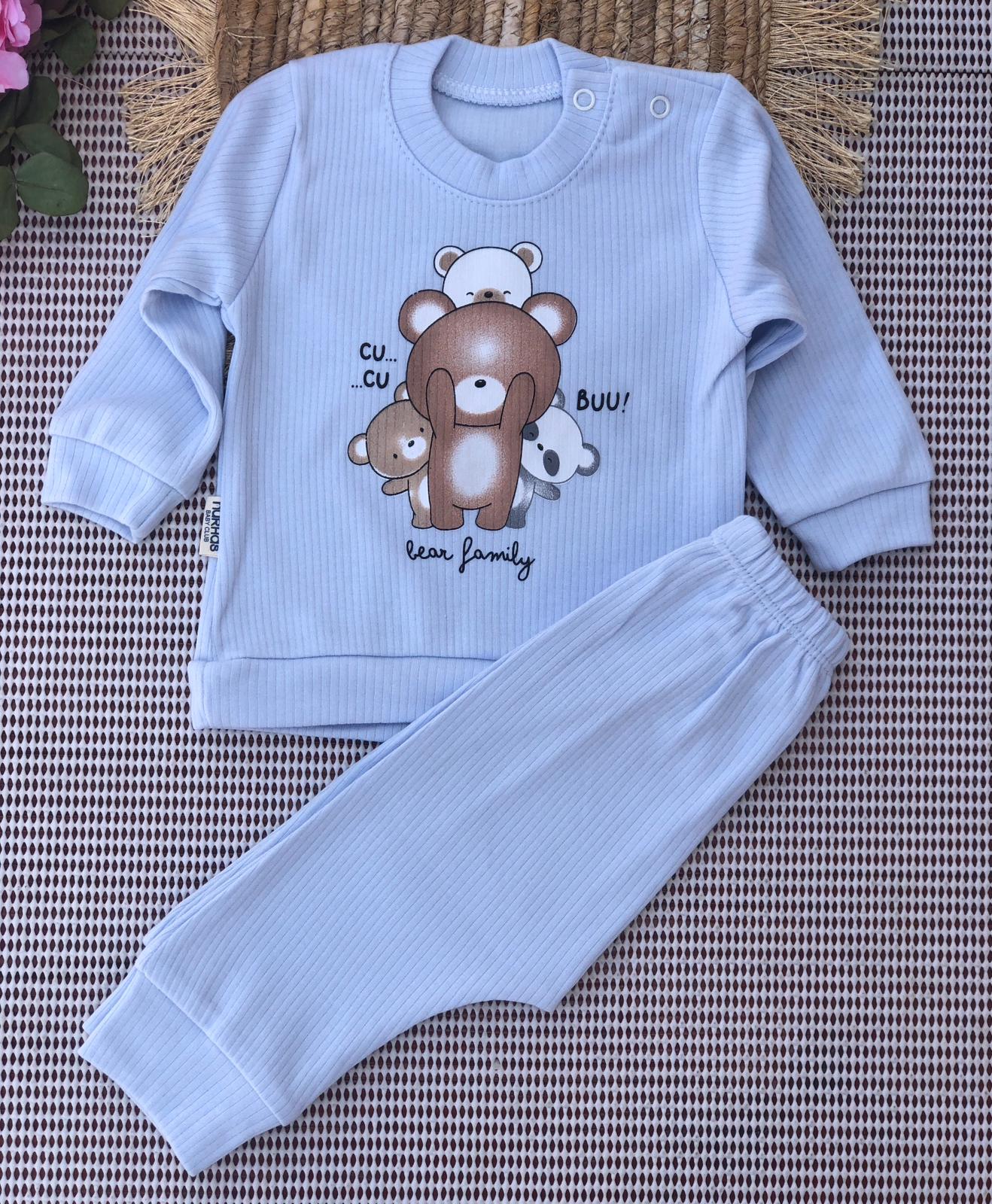 Sevimli Bear Family Baskılı Bebek Takımı - Mavi