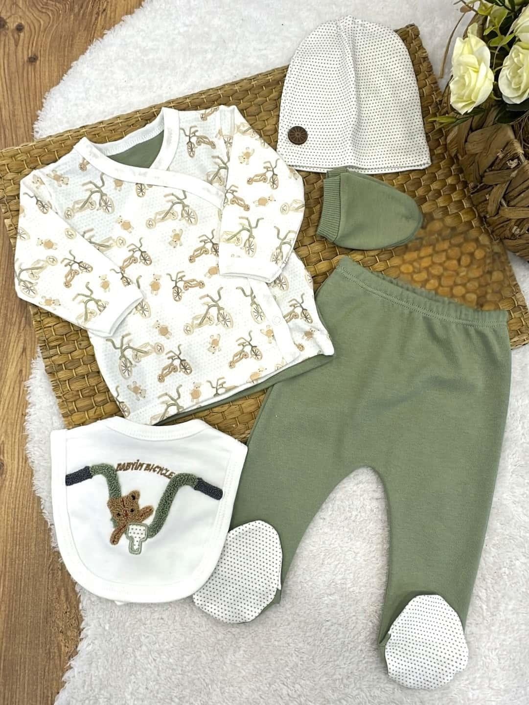 Bisikletli Baskılı Erkek Bebek 5'li Zıbın Seti