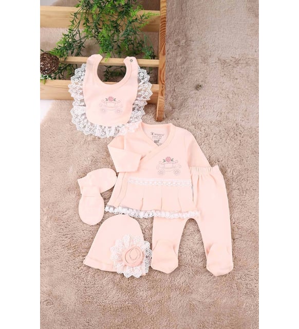Çiçekli Araba Nakışlı Dantelli 5'li Kız Bebek Zıbın Seti 