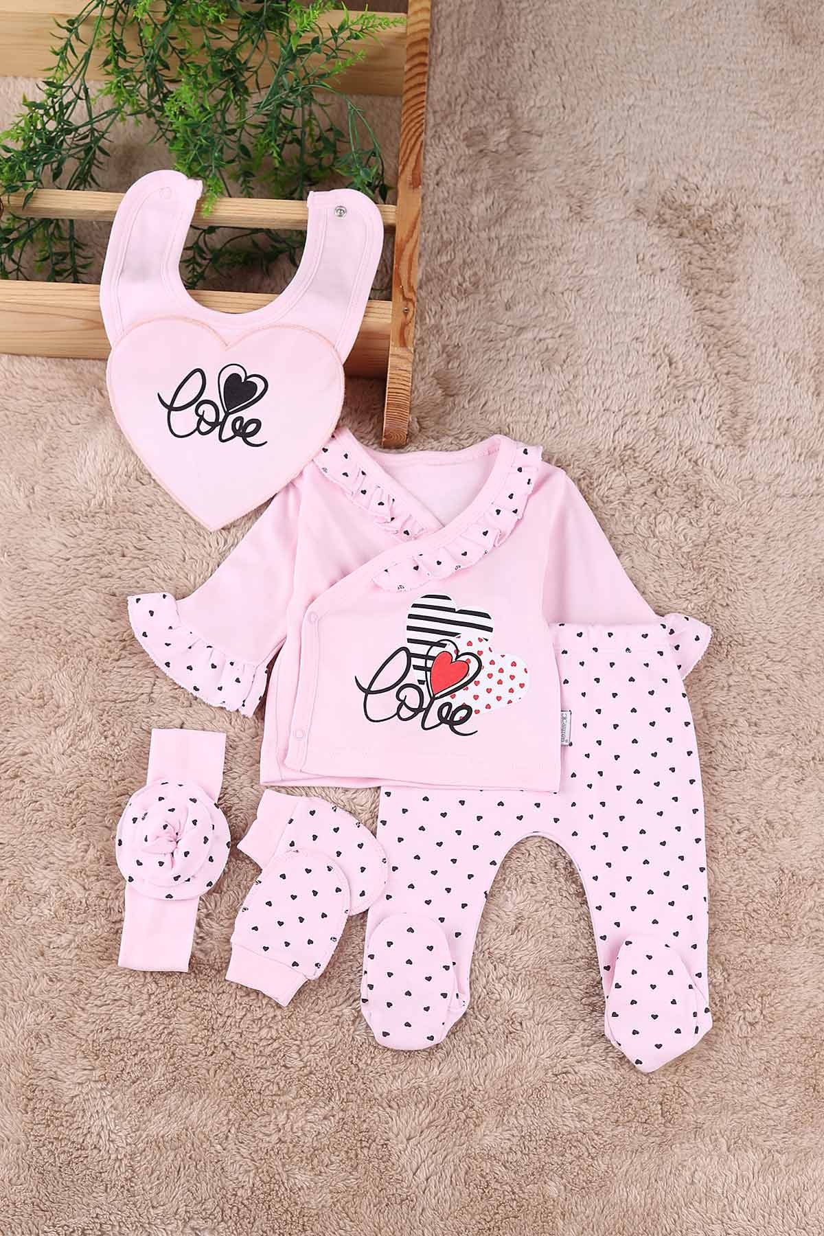 Love Kalp Baskılı Yaka Detaylı 5'li Kız Bebek Takımı