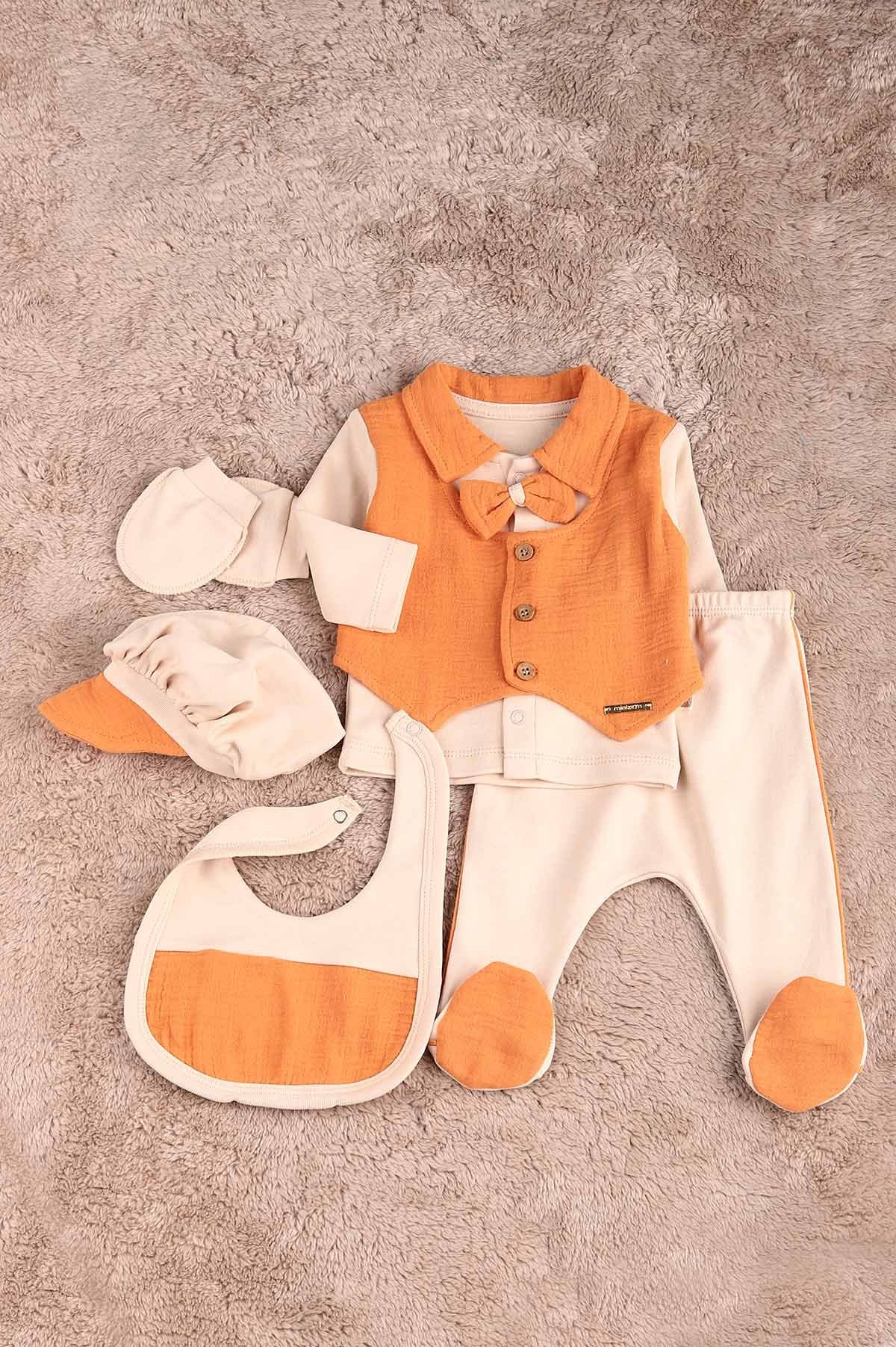 Papyonlu Yelek Detaylı Erkek Bebek Takım - Turuncu