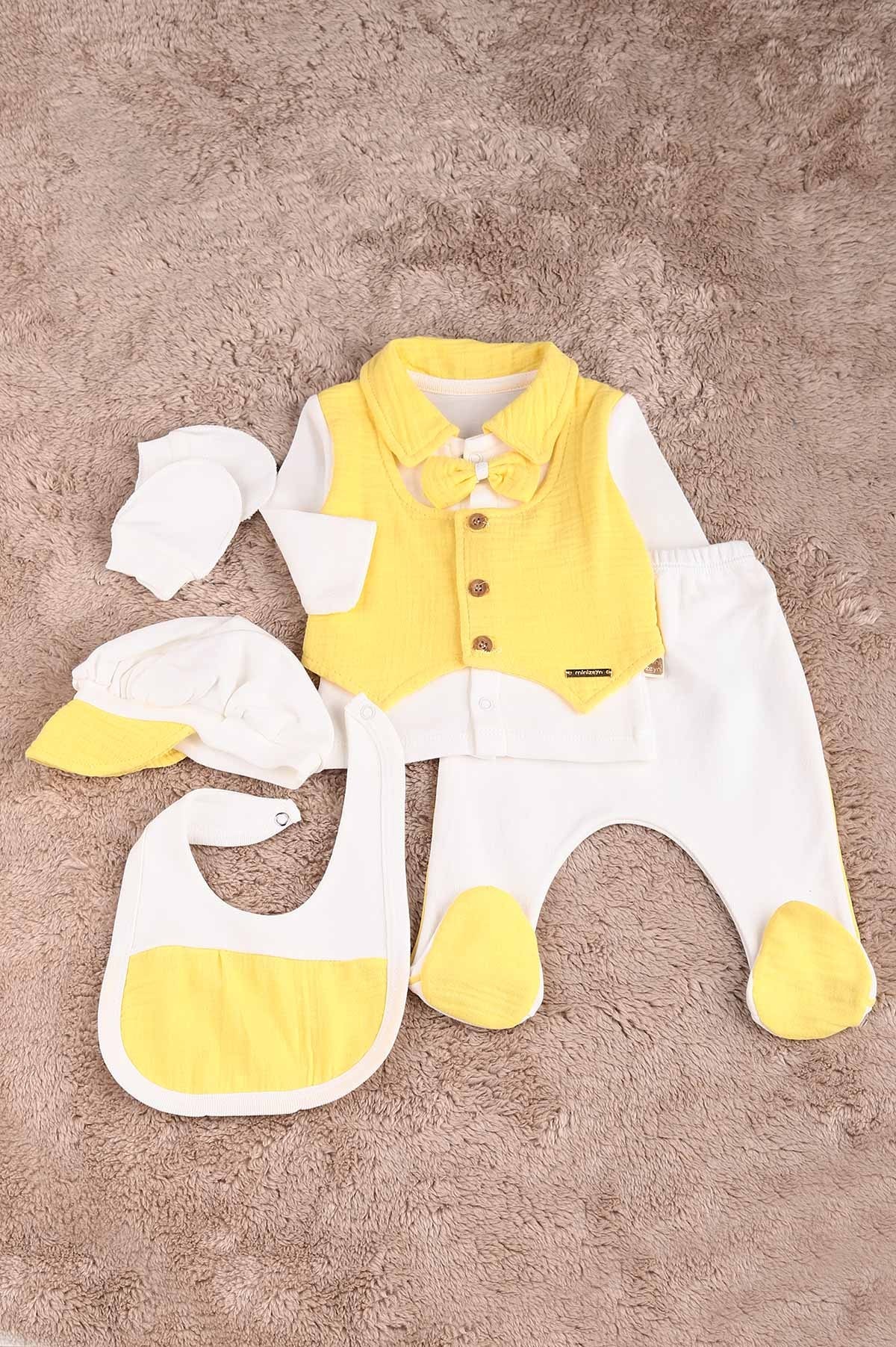Papyonlu Yelek Detaylı Erkek Bebek Takım - Sarı