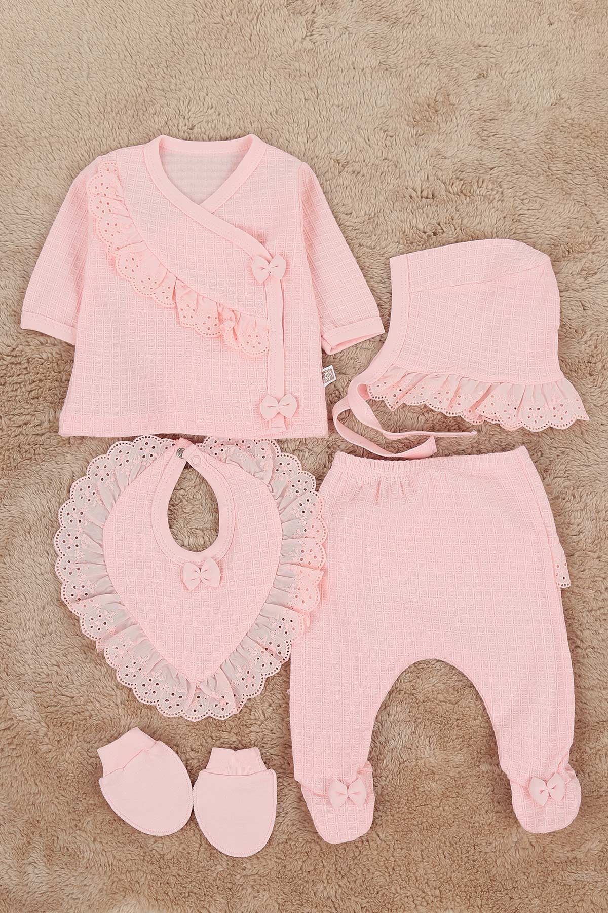 Fırfırlı Papyonlu 5'li Kız Çocuk Takım - Pembe