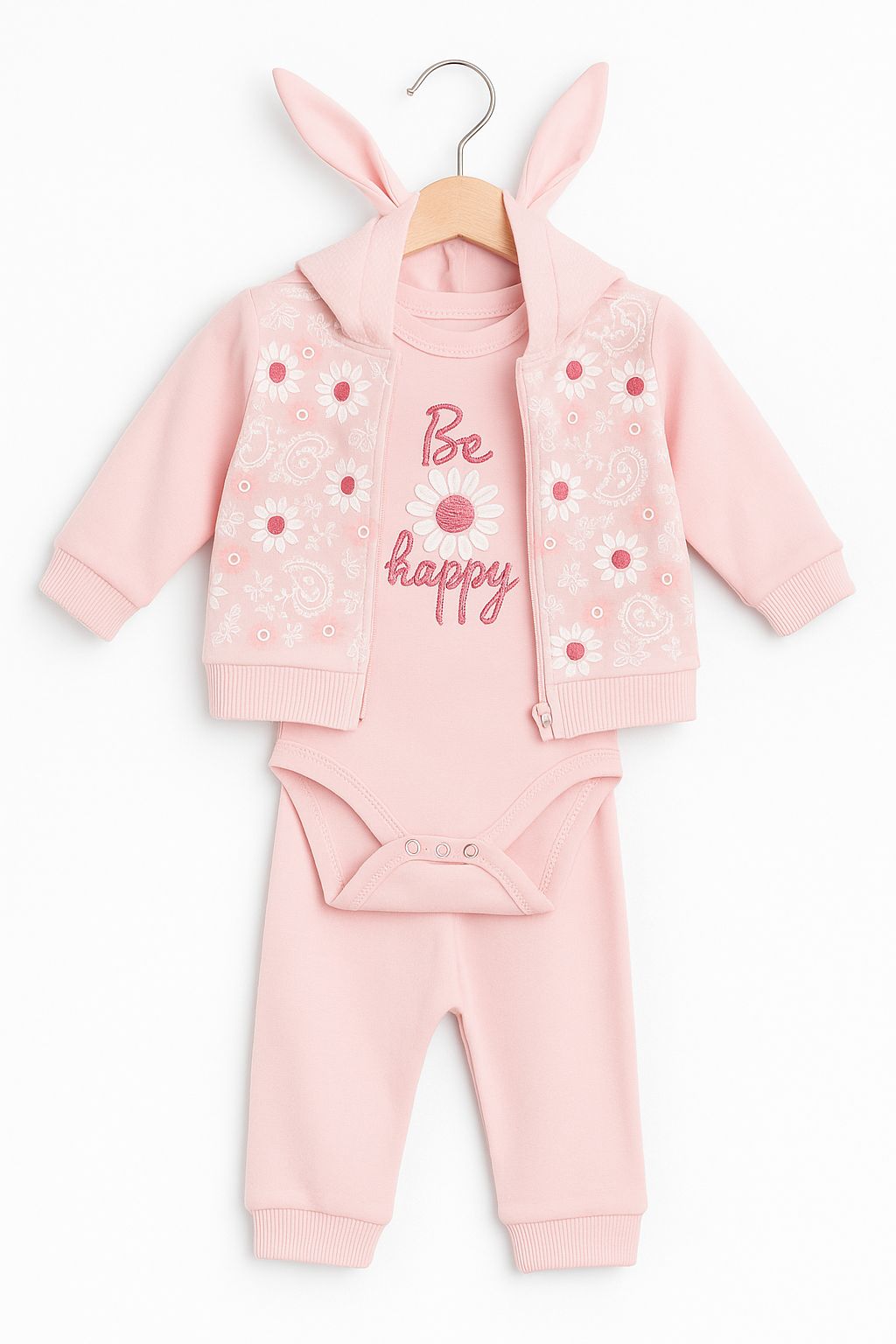 Be Happy Çiçek Desenli 3'lü Kız Bebek Takımı - Pembe