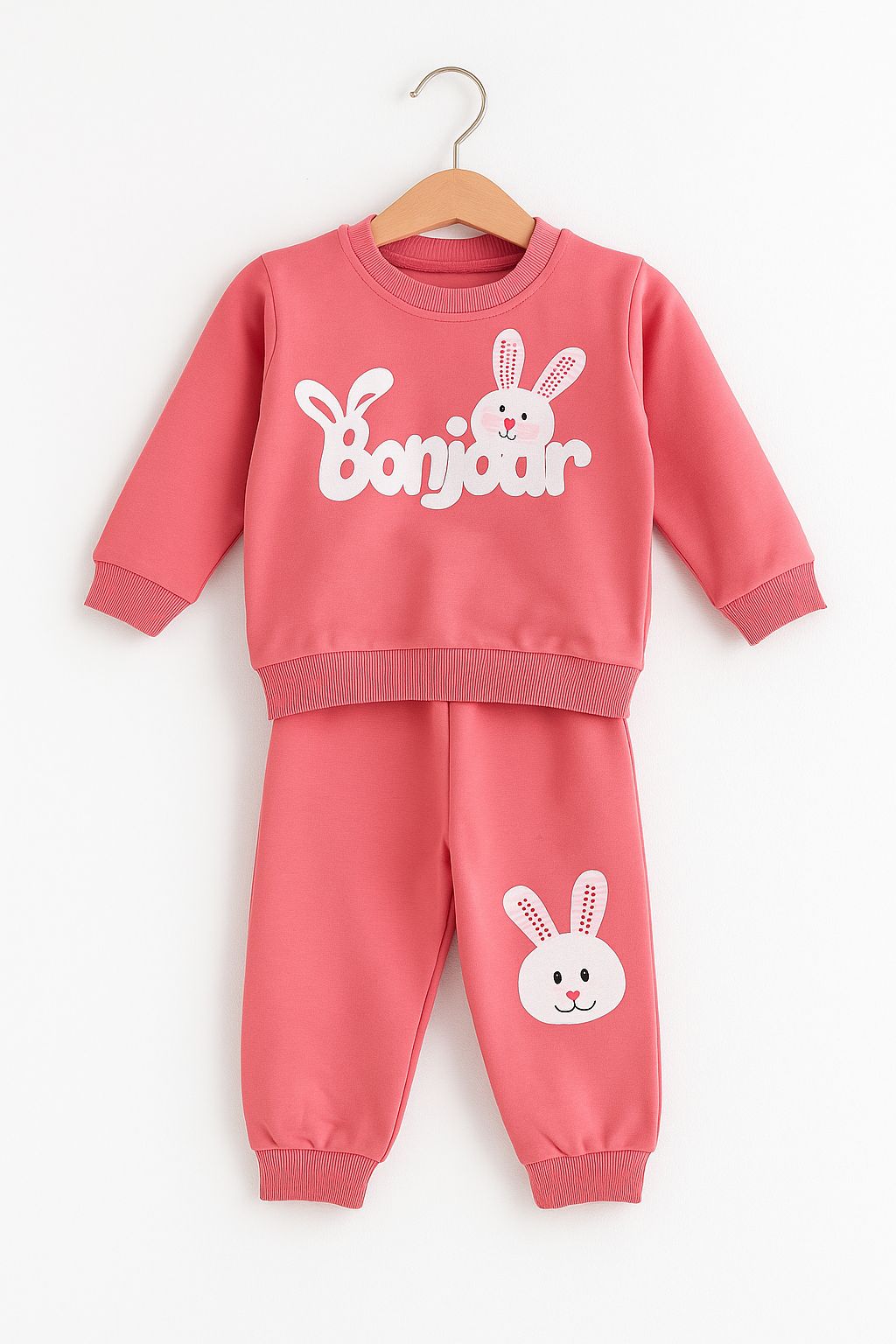 Bonjour Tavşan Baskılı Kız Bebek Takımı - Pembe