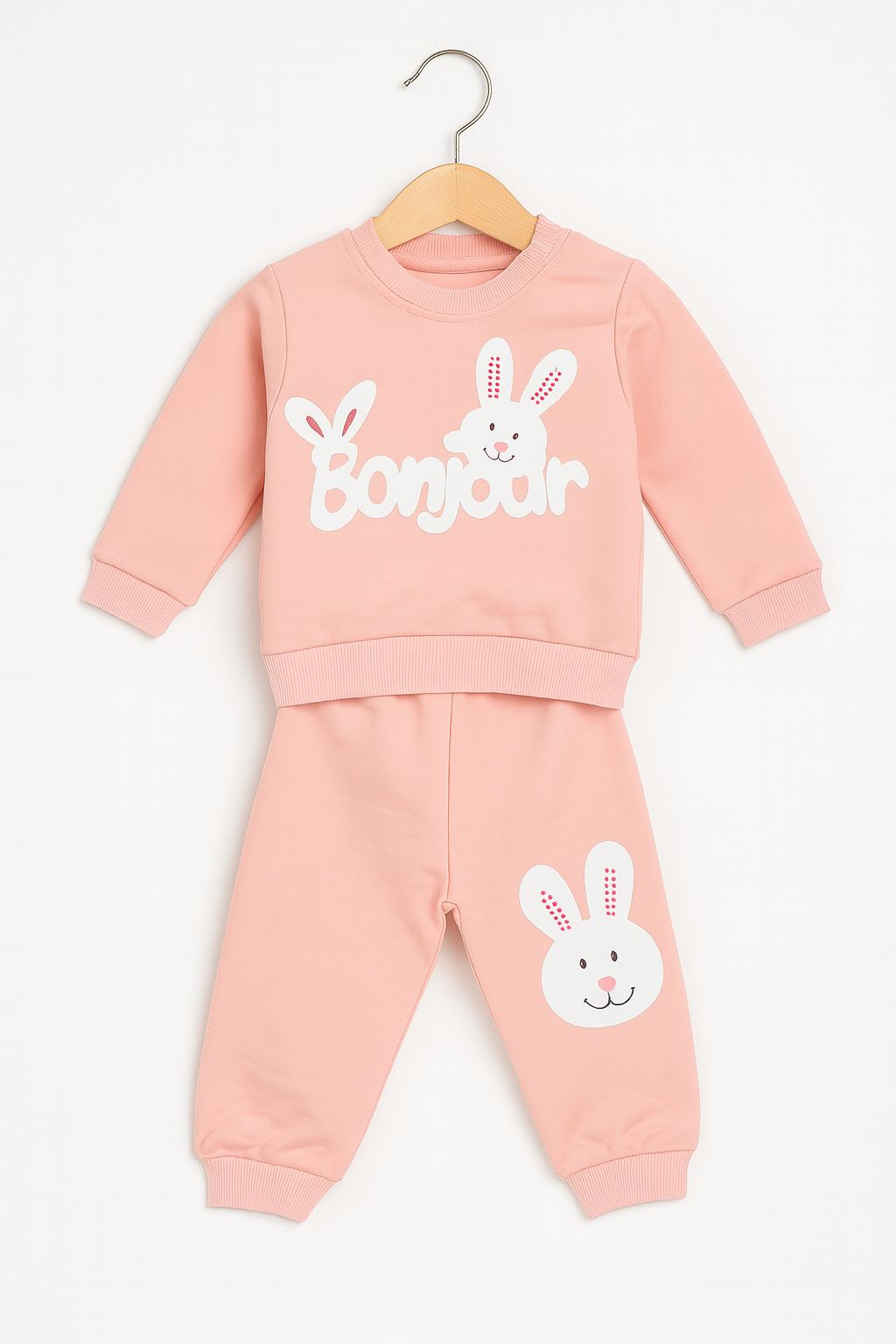 Bonjour Tavşan Baskılı Kız Bebek Takımı - Pudra