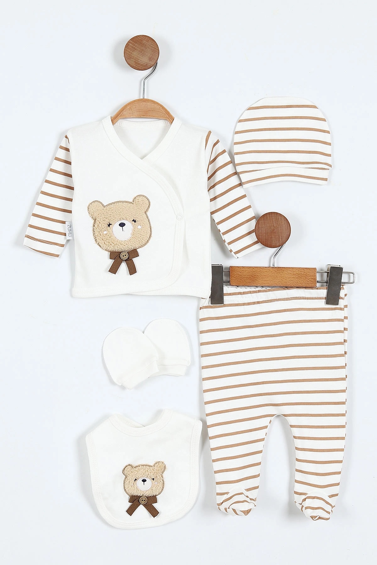 Juuta Çizgili Ayıcık Nakışlı Yenidoğan 5'li Erkek Bebek Zıbın Seti  - Bej