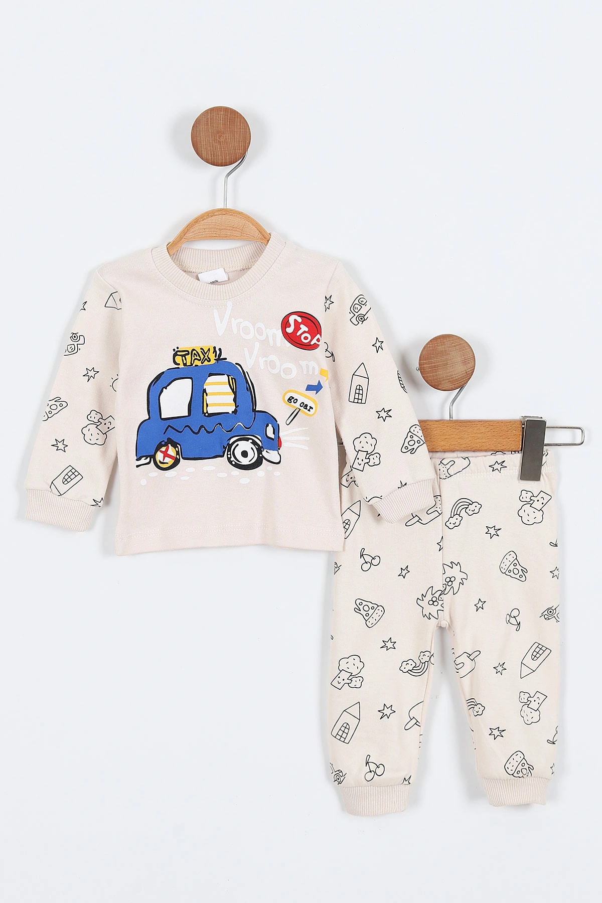 Süpermini Baskılı İki İp Erkek Bebek Pijama Takım - Bej
