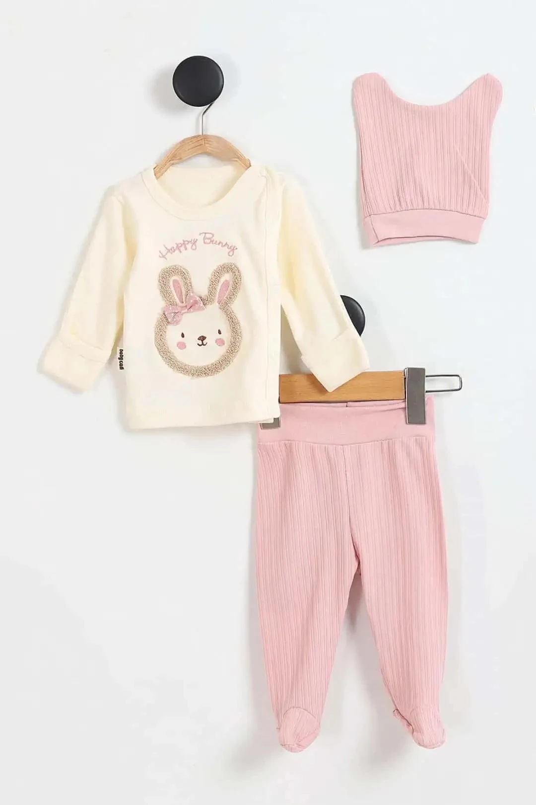 Babycan Süzene Tavşan Nakışlı Patikli 3'lü Kız Bebek Zıbın Seti  - Gül Kurusu