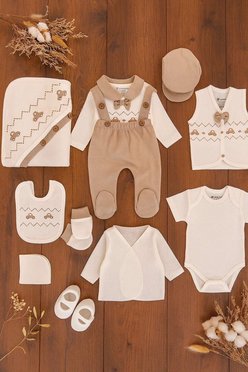 MiniCayzen Süzene Uykucu Ayıcık Nakışlı Yenidoğan Erkek Bebek Tulumlu 10lu Hastane Çıkış Seti