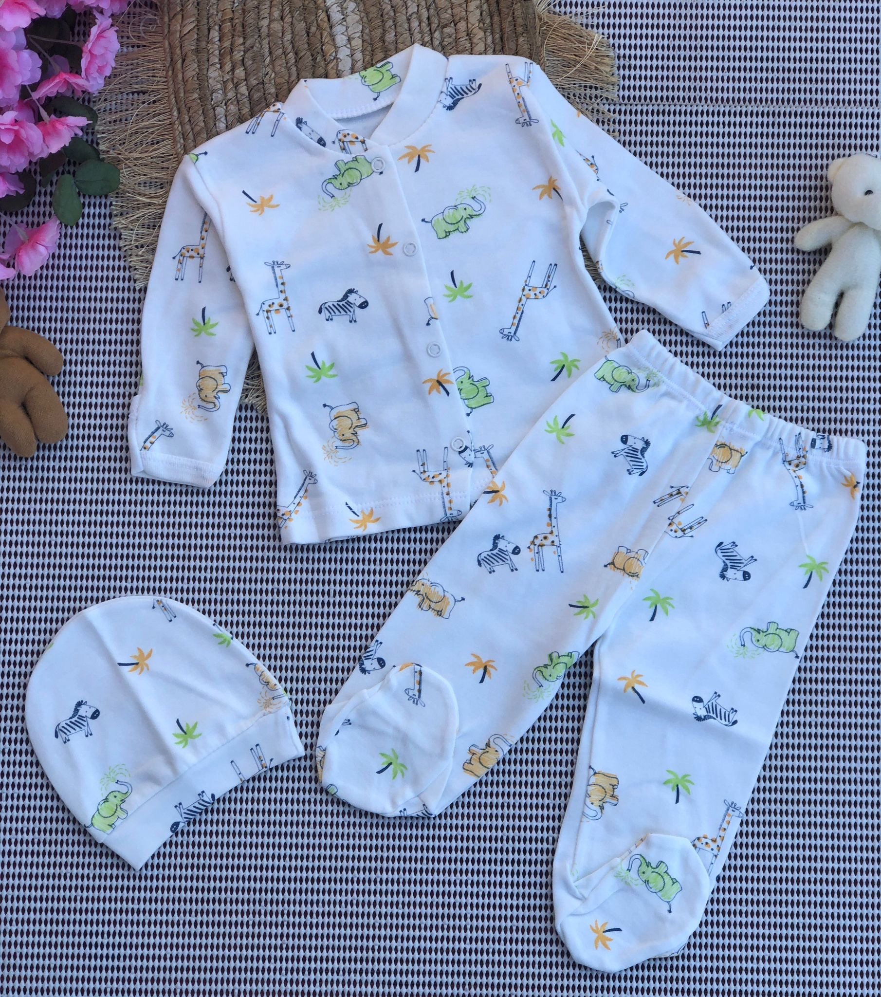 MiniPetty Desenli Baskılı Düğmeli 3'li Set - Yeşil Fil Desenli