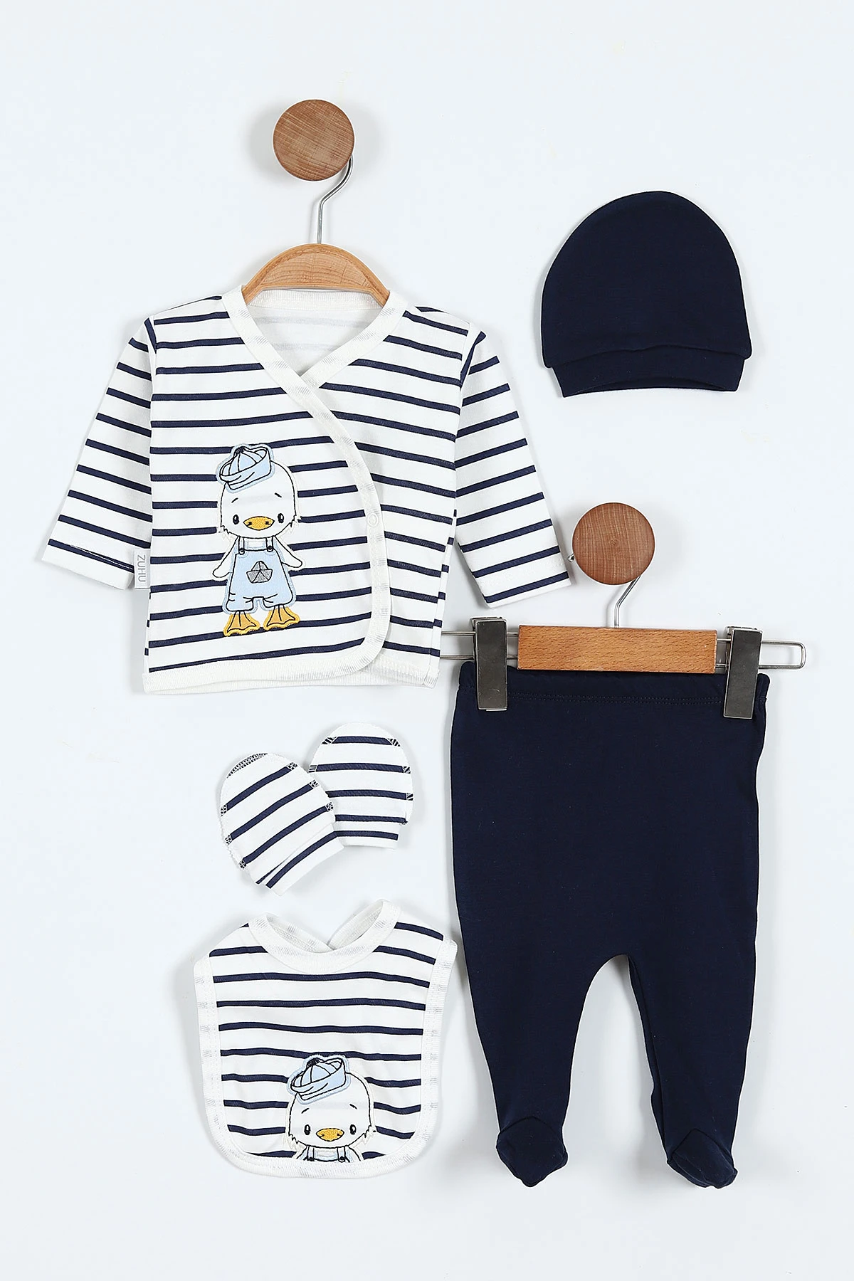 Juuta Ördek Nakışlı Çizgili Yenidoğan 5'li Erkek Bebek Zıbın Seti - Lacivert