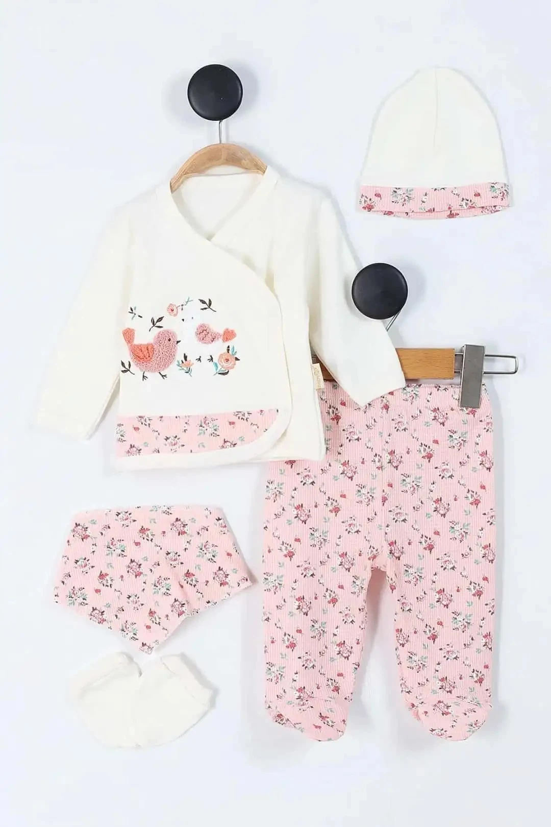 Babyim Süzene Kuş Nakışlı Çiçek Baskılı Patikli Waffle Kız Bebek 5'li Zıbın Takım - Somon