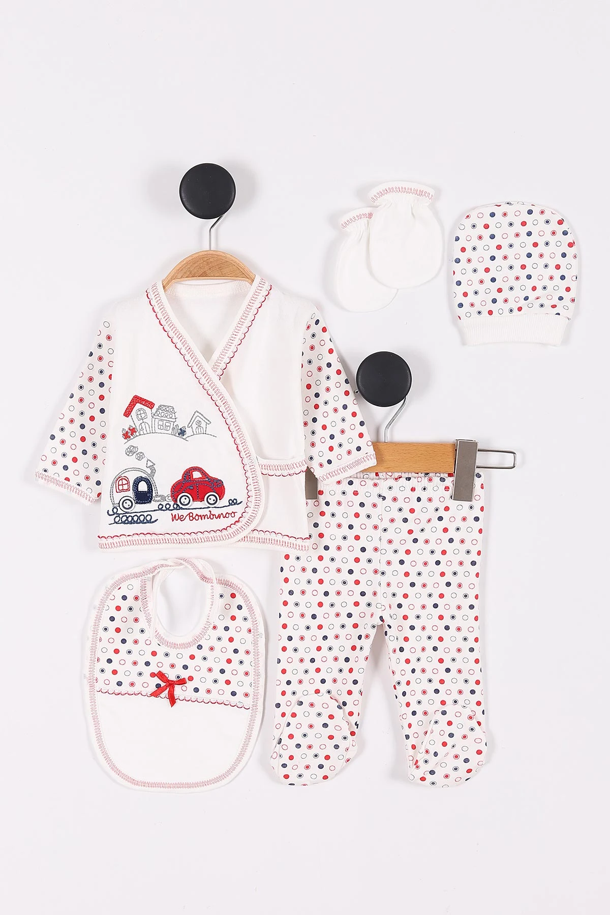 Juuta Araba Nakışlı 5'li Erkek Bebe Zıbın Seti - Kırmızı