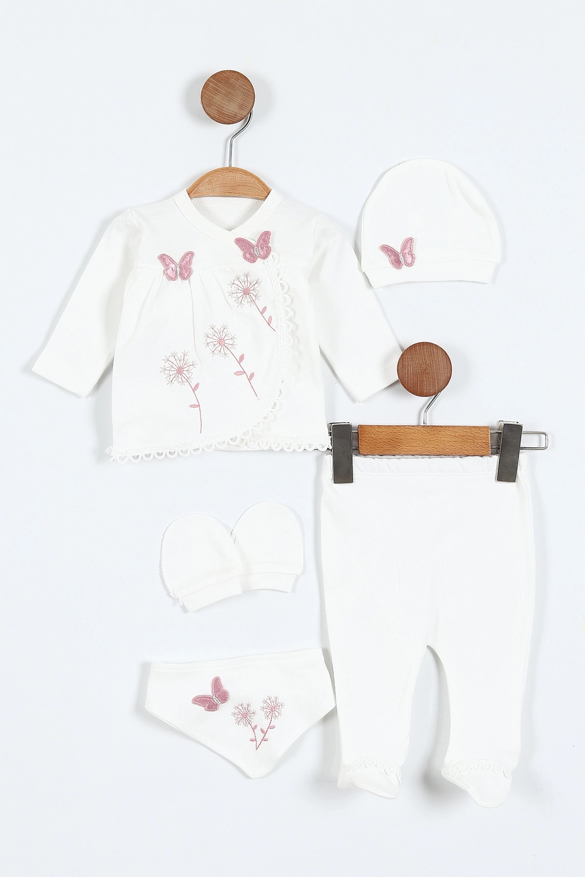Juuta Çiçekli Kelebek Nakışlı Yenidoğan 5'li Kız Bebek Zıbın Seti  - Gül Kurusu
