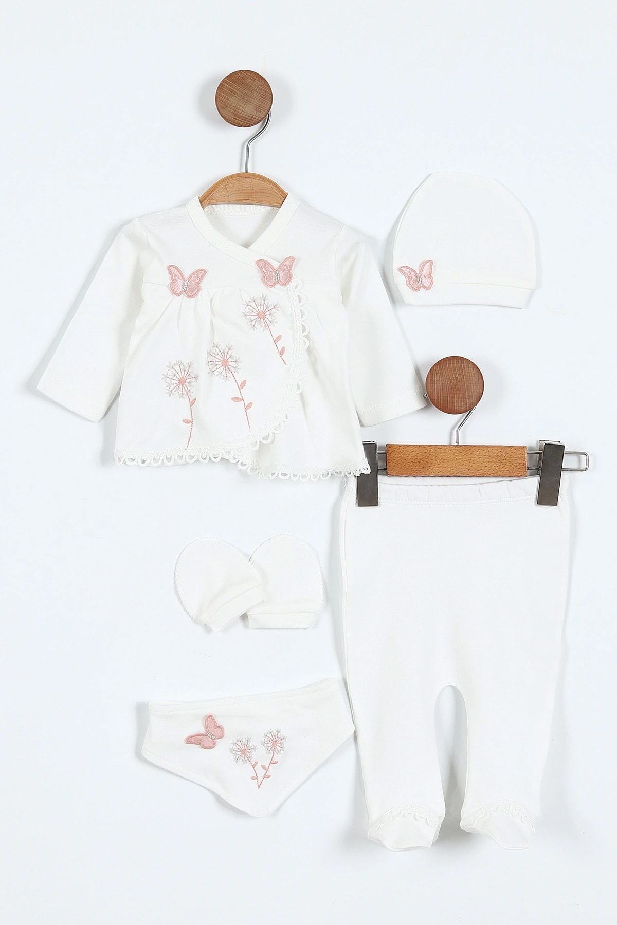 Juuta Çiçekli Kelebek Nakışlı Yenidoğan 5'li Kız Bebek Zıbın Seti  - Yavruağzı