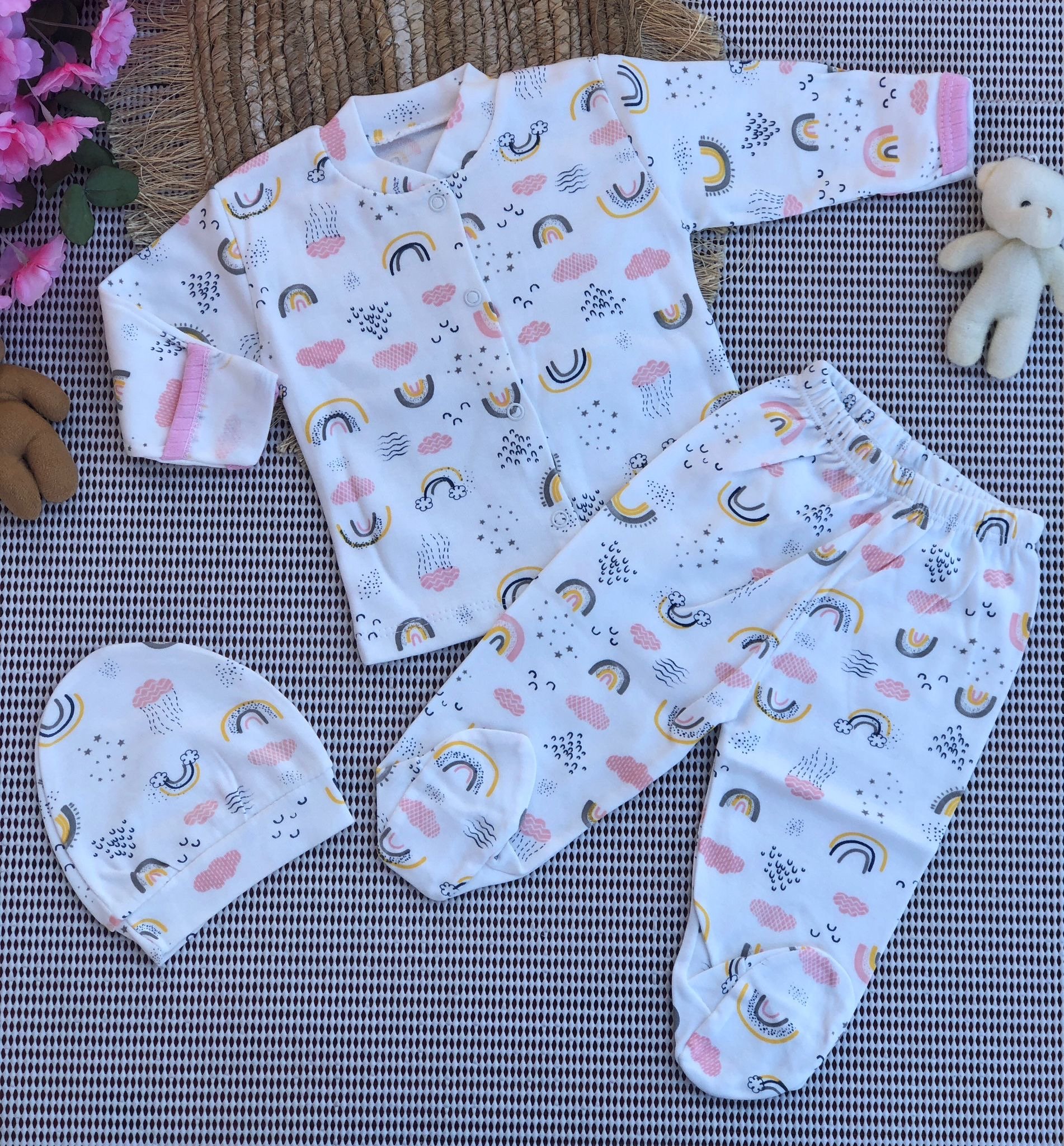 MiniPetty Desenli Baskılı Düğmeli 3'li Set - Pembe Bulut Desen