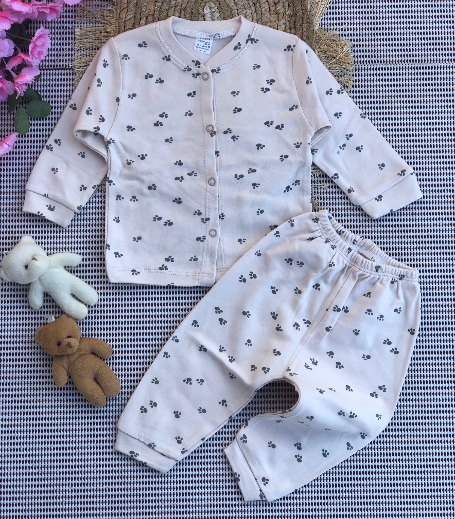 MiniPetty Pati Baskılı Düğmeli Pijama Takımı - Bej