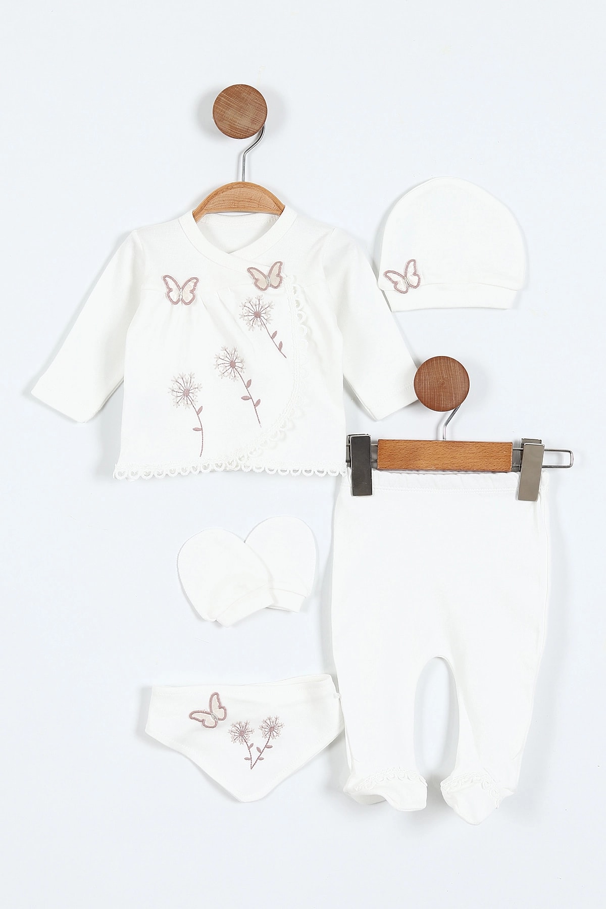 Juuta Çiçekli Kelebek Nakışlı Yenidoğan 5'li Kız Bebek Zıbın Seti  - Vizon