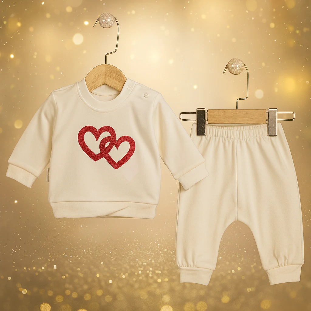 Nurhas Bebe Kalp Süzene Nakışlı Takım - Krem