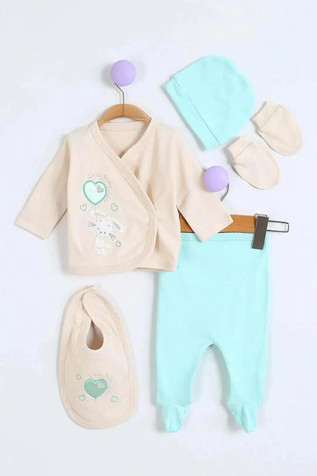 Juuta Balon Nakışlı Tavşanlı 5'li Kız Bebe Takım - Su Yeşili