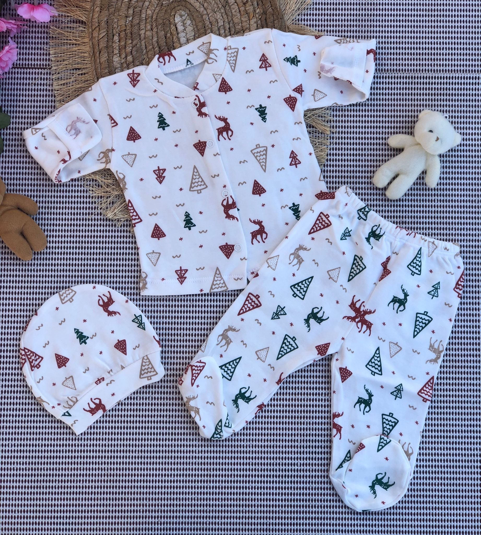 MiniPetty Desenli Baskılı Düğmeli 3'li Set - Geyik Desenli