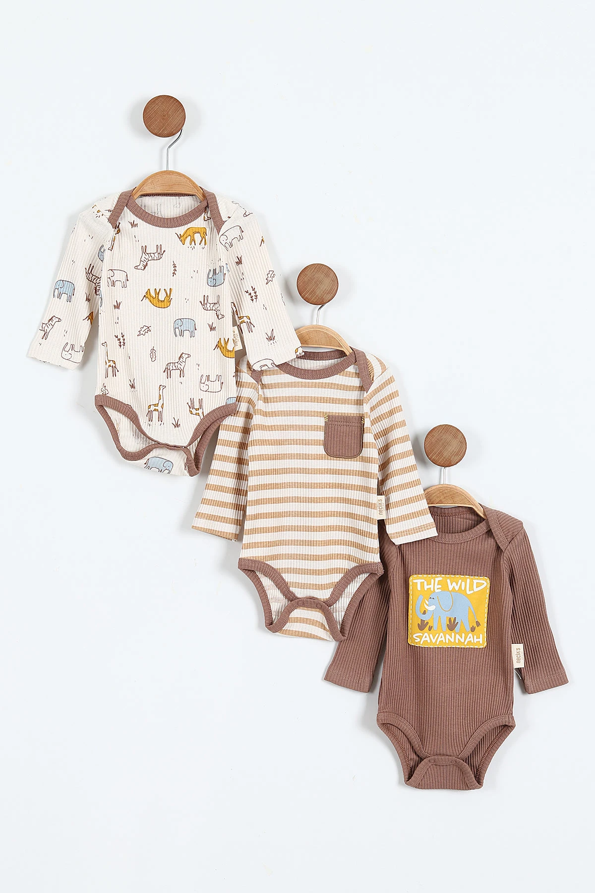 Necixs Fitilli Baskılı Uzun Kol 3'lü Bebek Çıtçıtlı Badi 