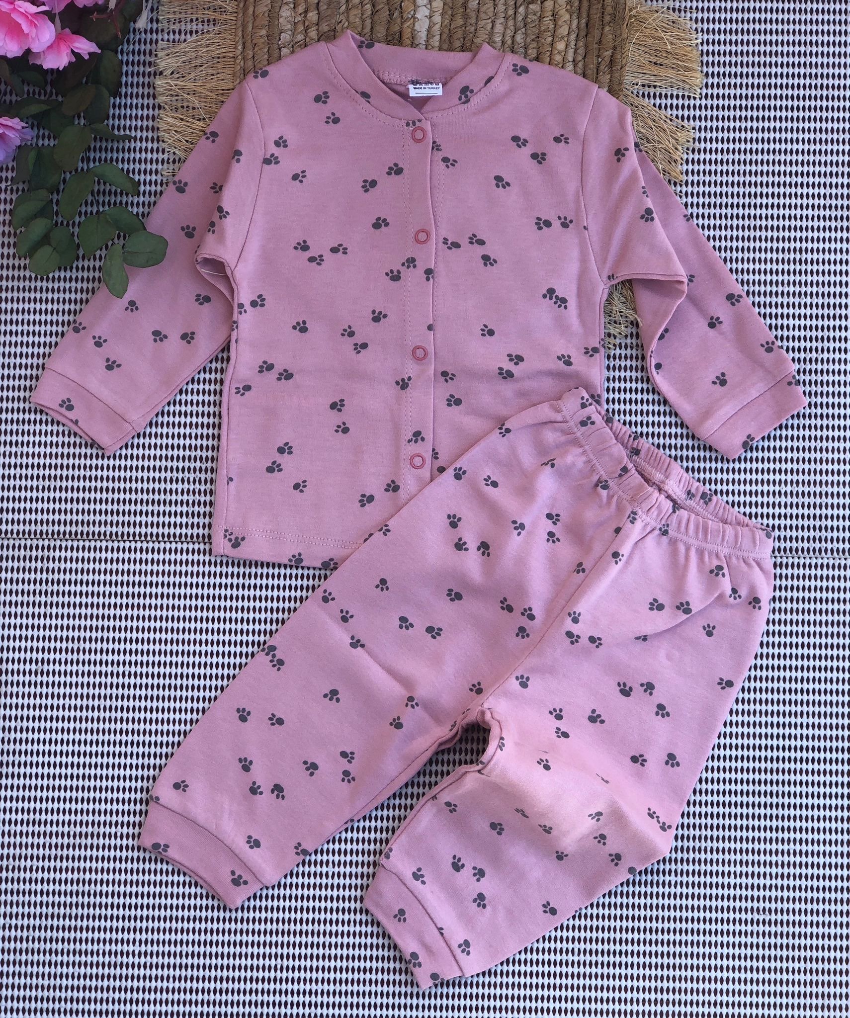 MiniPetty Pati Baskılı Düğmeli Pijama Takımı - koyu pembe