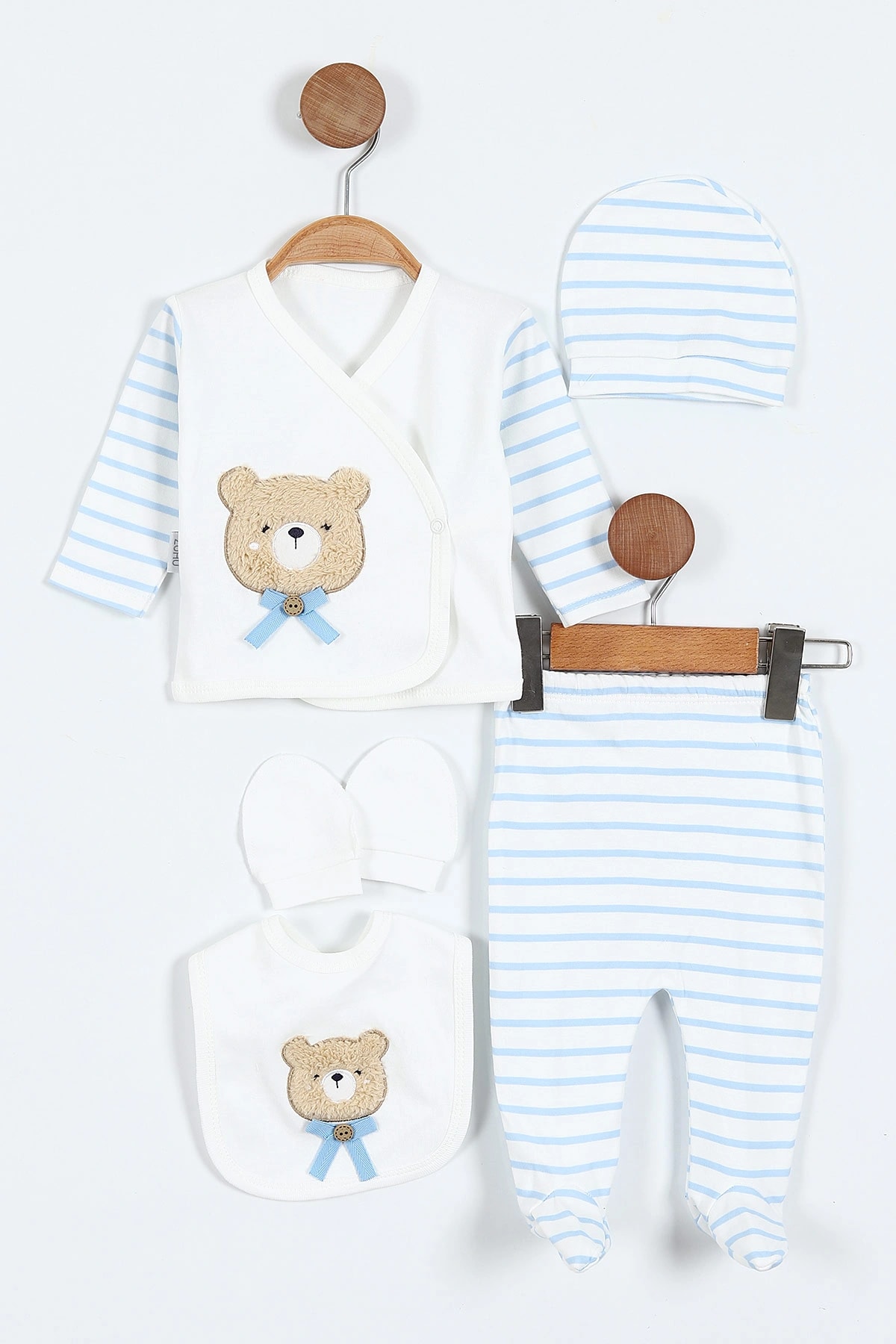 Juuta Çizgili Ayıcık Nakışlı Yenidoğan 5'li Erkek Bebek Zıbın Seti  - Mavi