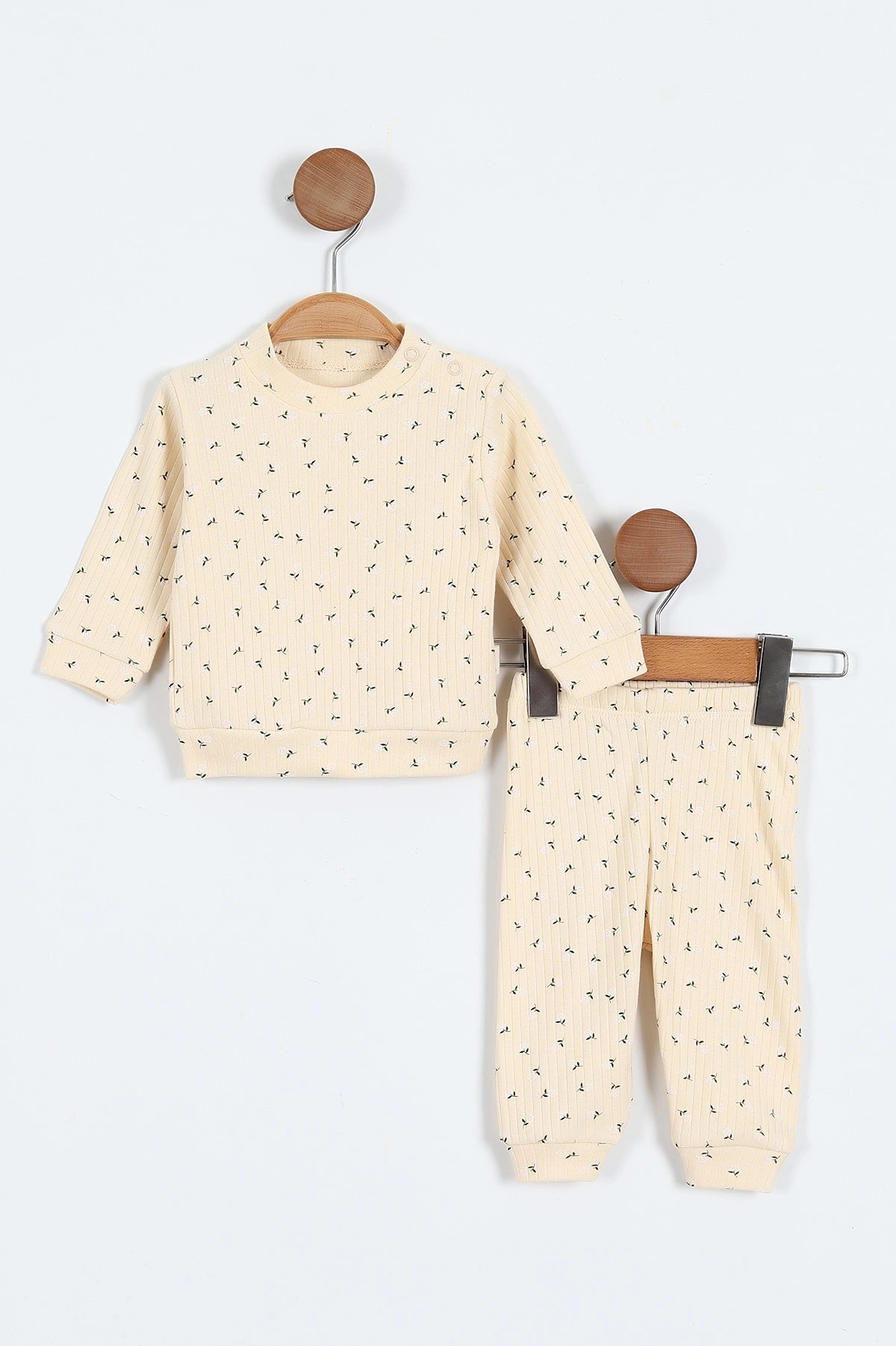 Sevilla Mini Çiçekli Raporlu Kız Bebek Pijama Takım - Ekru