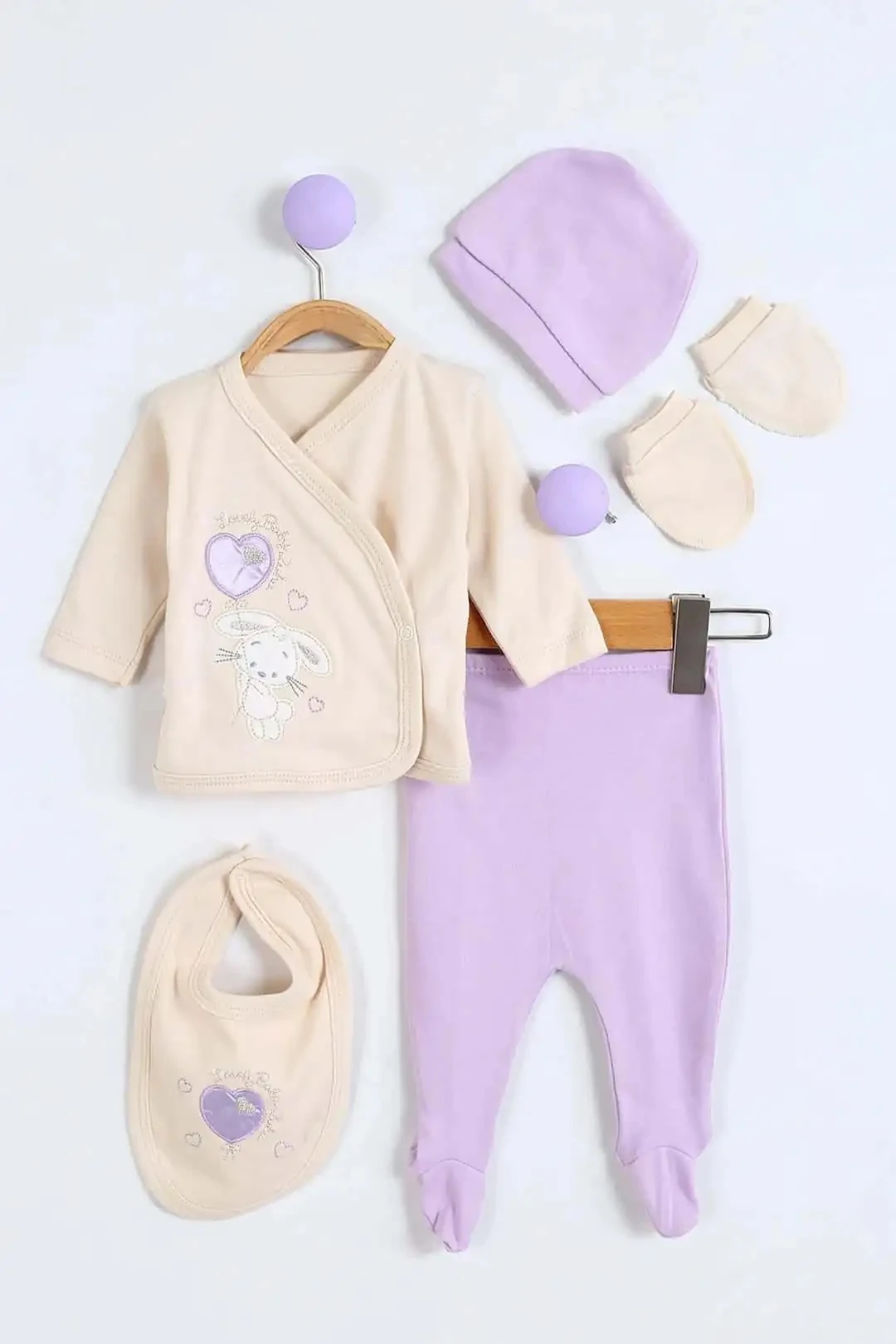 Juuta Balon Nakışlı Tavşanlı 5'li Kız Bebe Takım - Lila