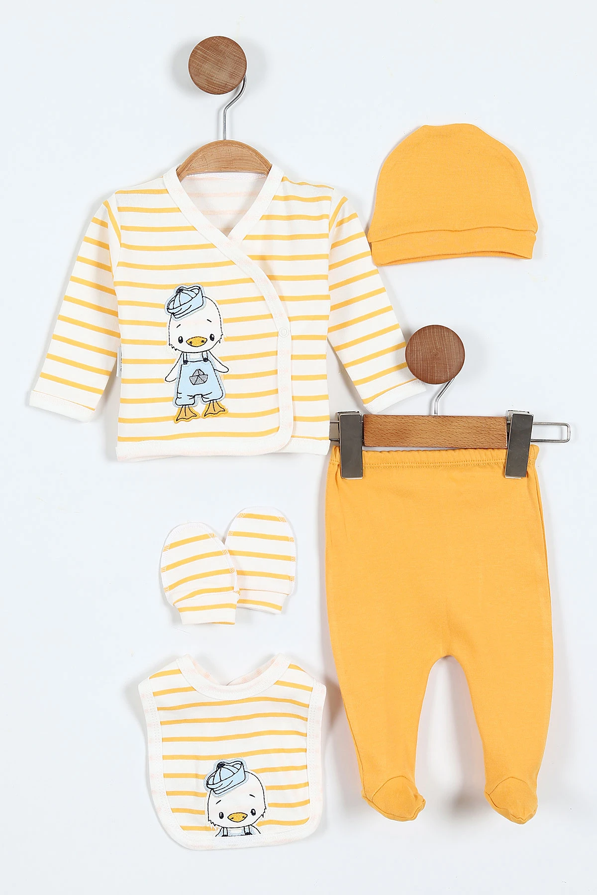 Juuta Ördek Nakışlı Çizgili Yenidoğan 5'li Erkek Bebek Zıbın Seti - Hardal