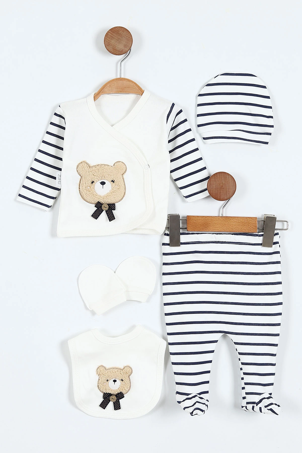 Juuta Çizgili Ayıcık Nakışlı Yenidoğan 5'li Erkek Bebek Zıbın Seti  - Lacivert