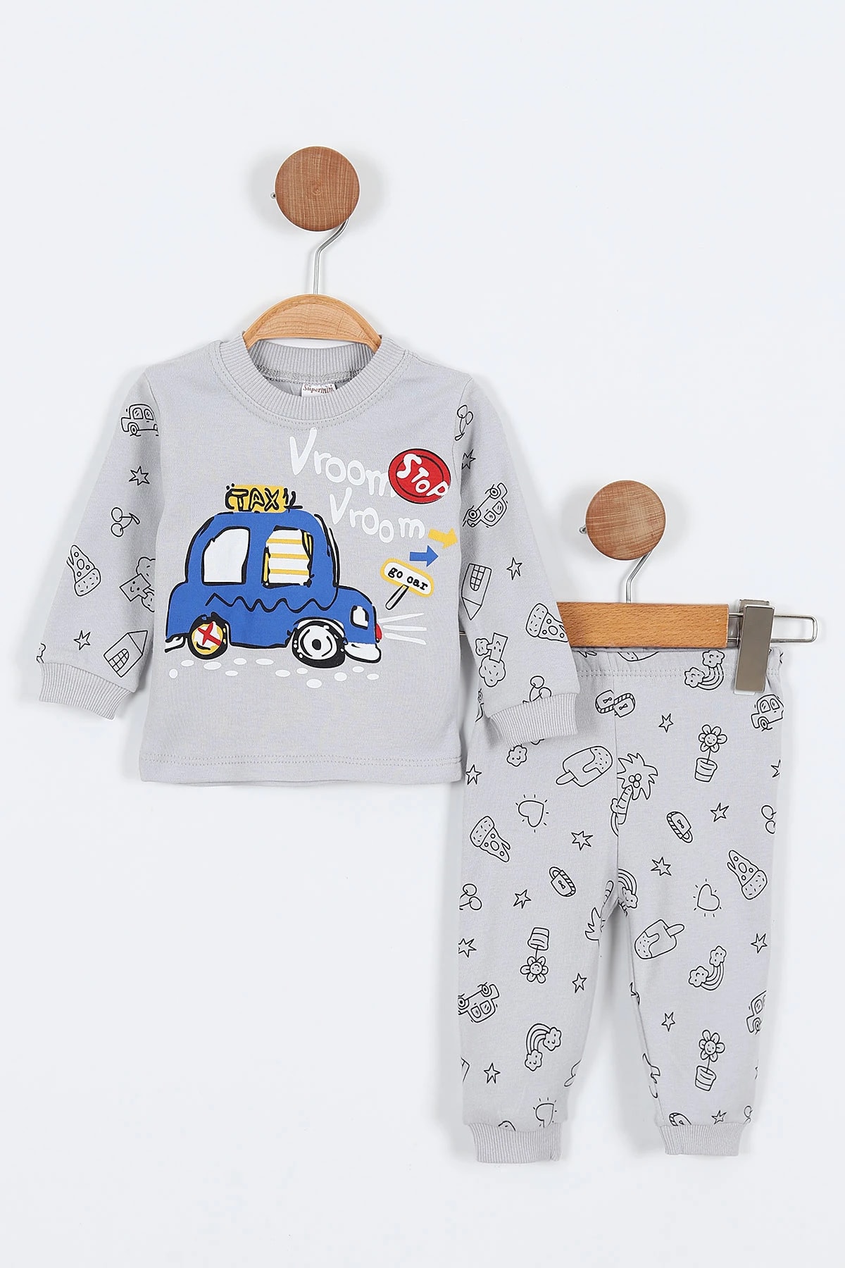 Süpermini Baskılı İki İp Erkek Bebek Pijama Takım - Gri