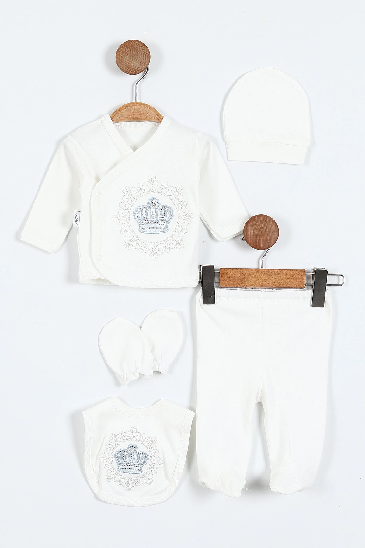 Zıpır Taç Model Taşlı Yeni Doğan 5'li Bebek Zıbın  - Mavi