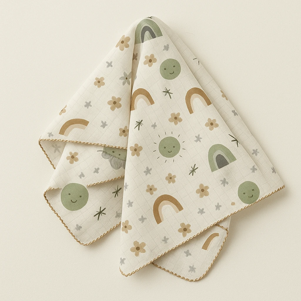 Berço Desenli Müslin Battaniye - Yeşil Güneş