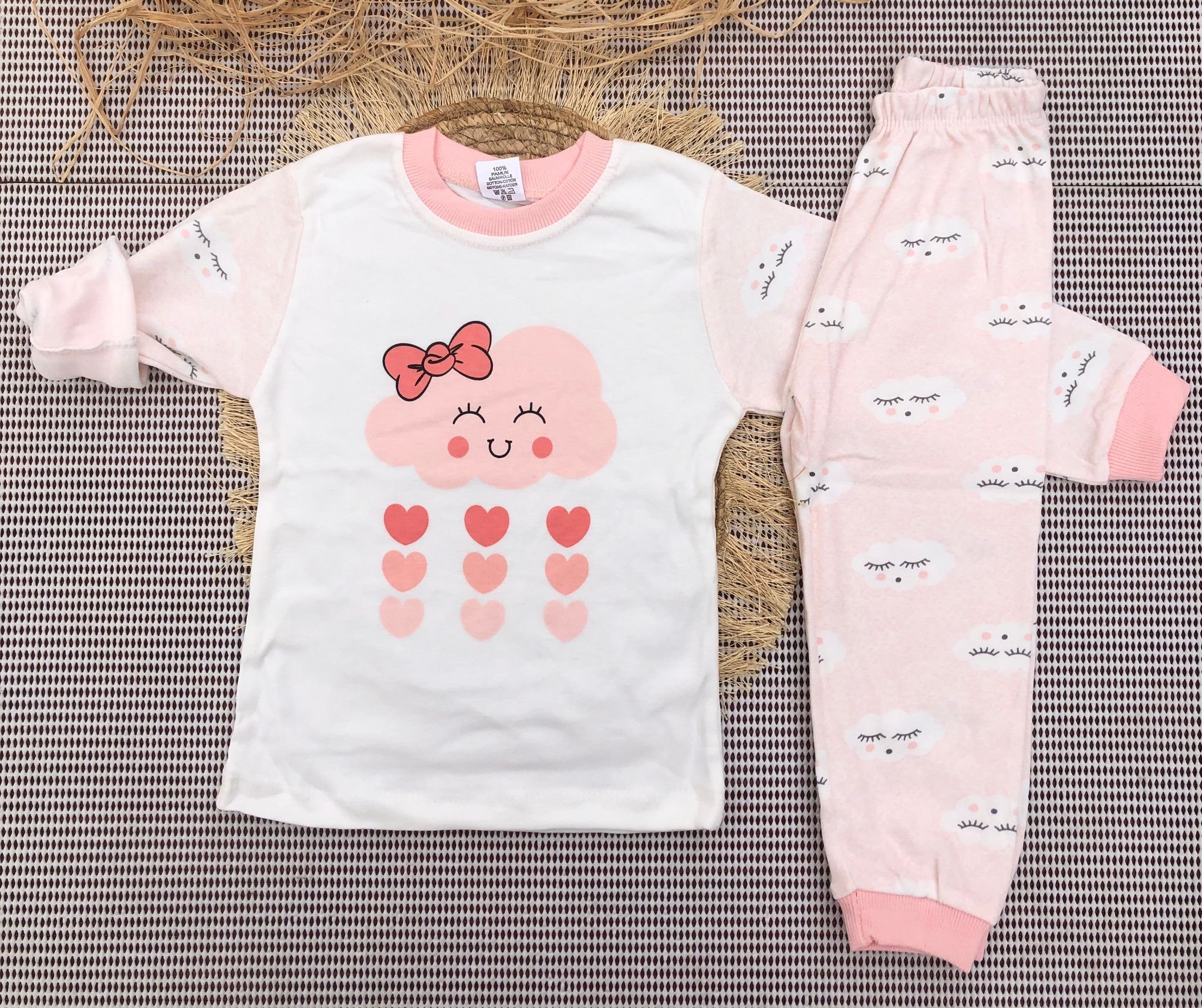 Süpermini Bulut Kalp Baskılı Pijama Takımı - Pudra